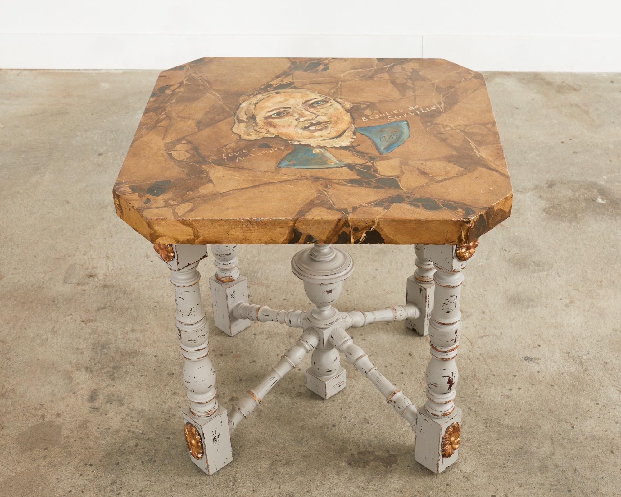 20th Century Louis XIV Style Center Table Painted by Artist Ira Yeager For Sale