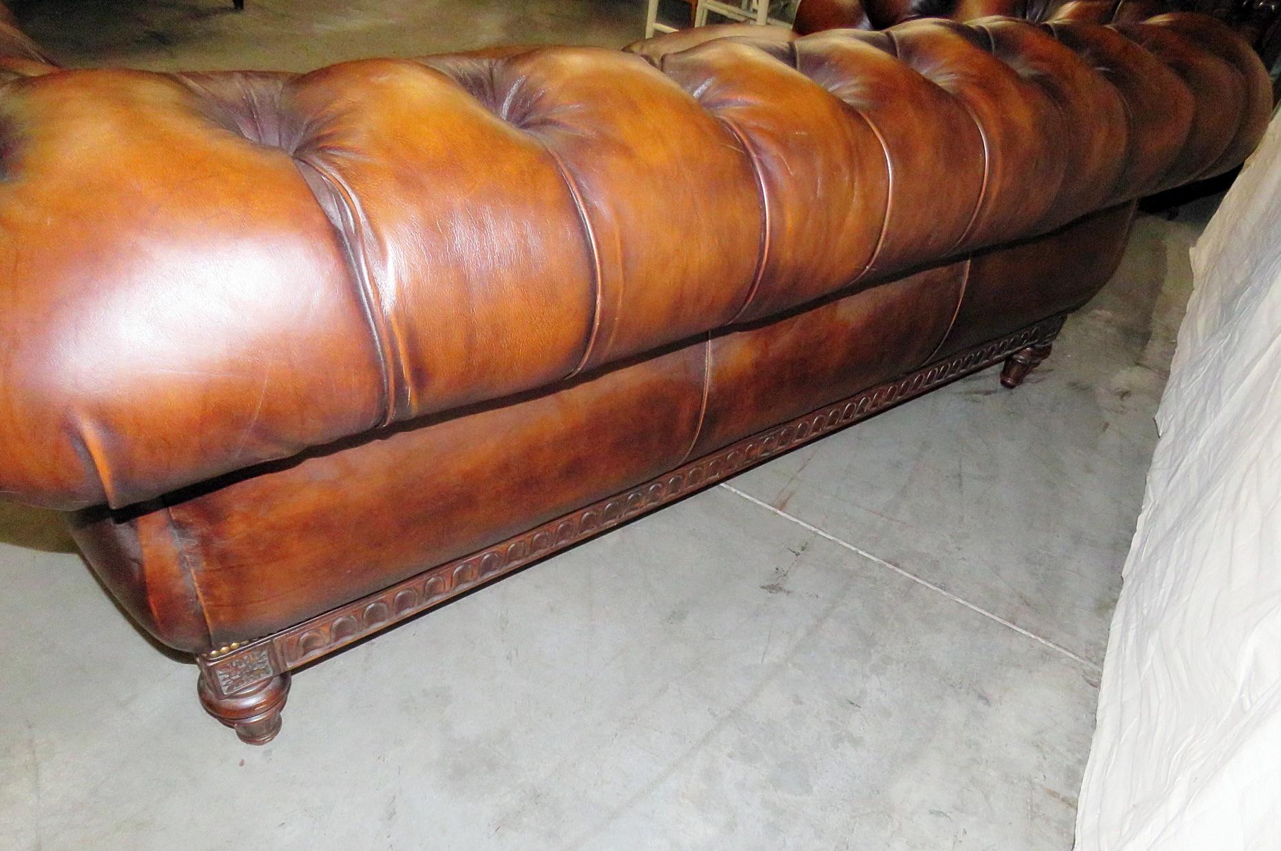 Tradtional Tobacco Leather French Louis XVI Style Chesterfield Sofa In Good Condition In Swedesboro, NJ