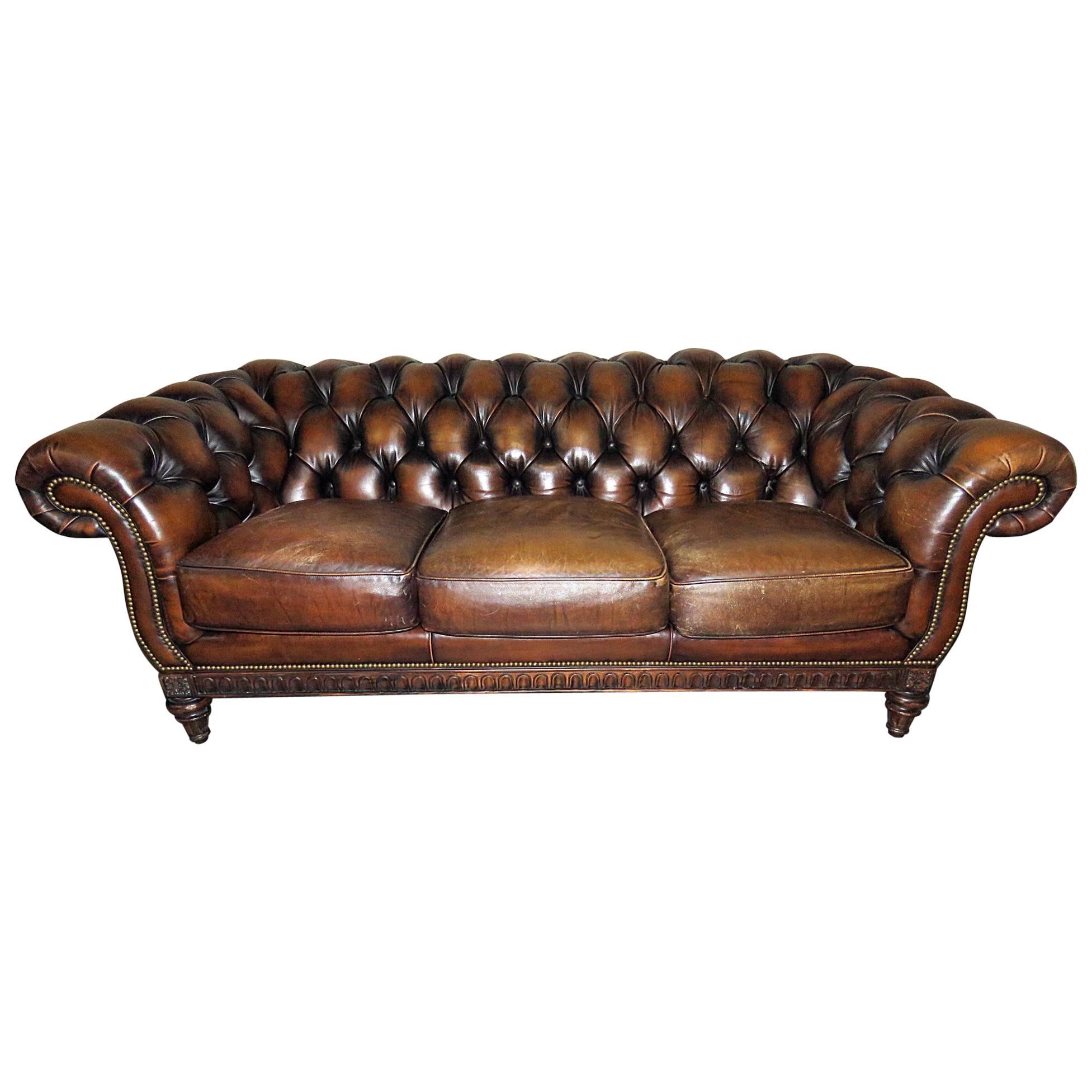 Tradtional Tobacco Leather French Louis XVI Style Chesterfield Sofa