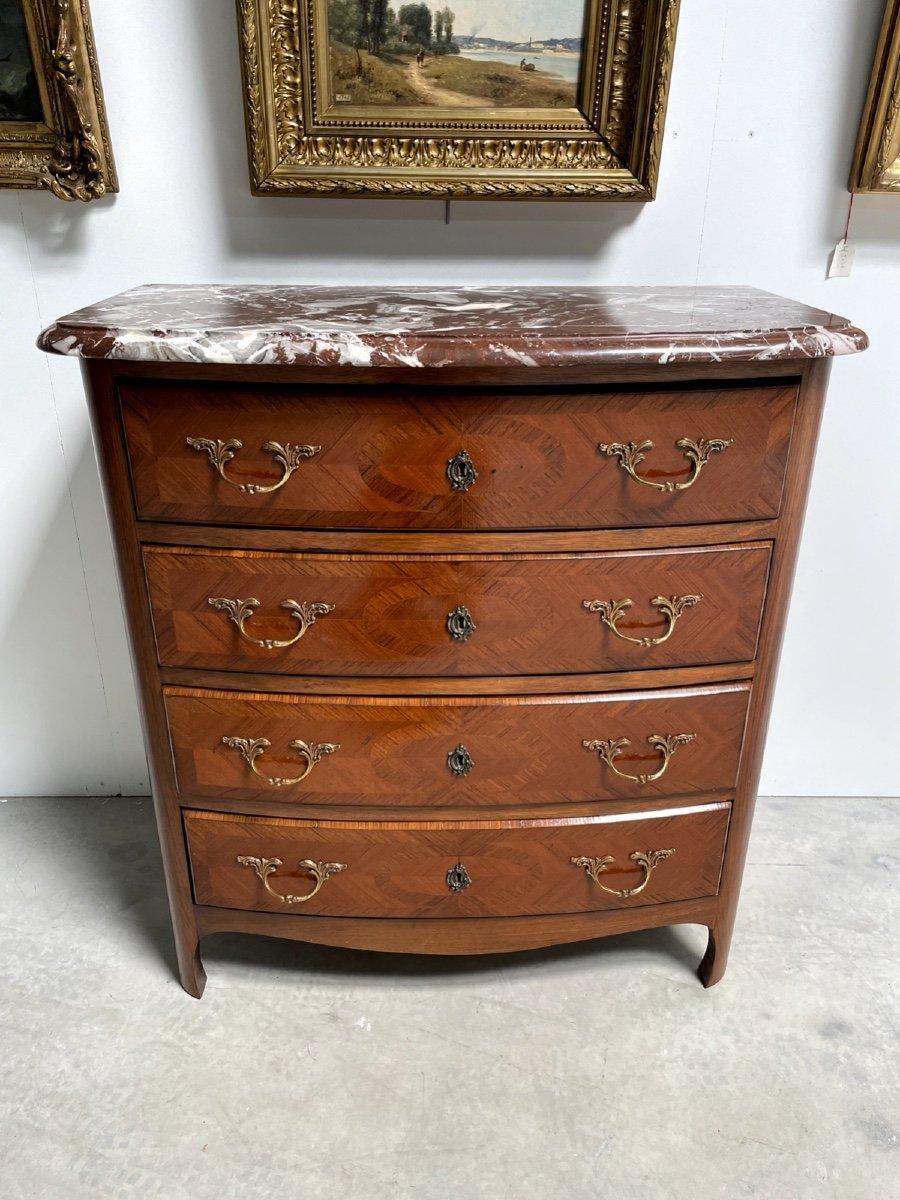 Louis XIV Style Commode with Rosewood Marquetry Décor and Red Griotte Marble For Sale 7
