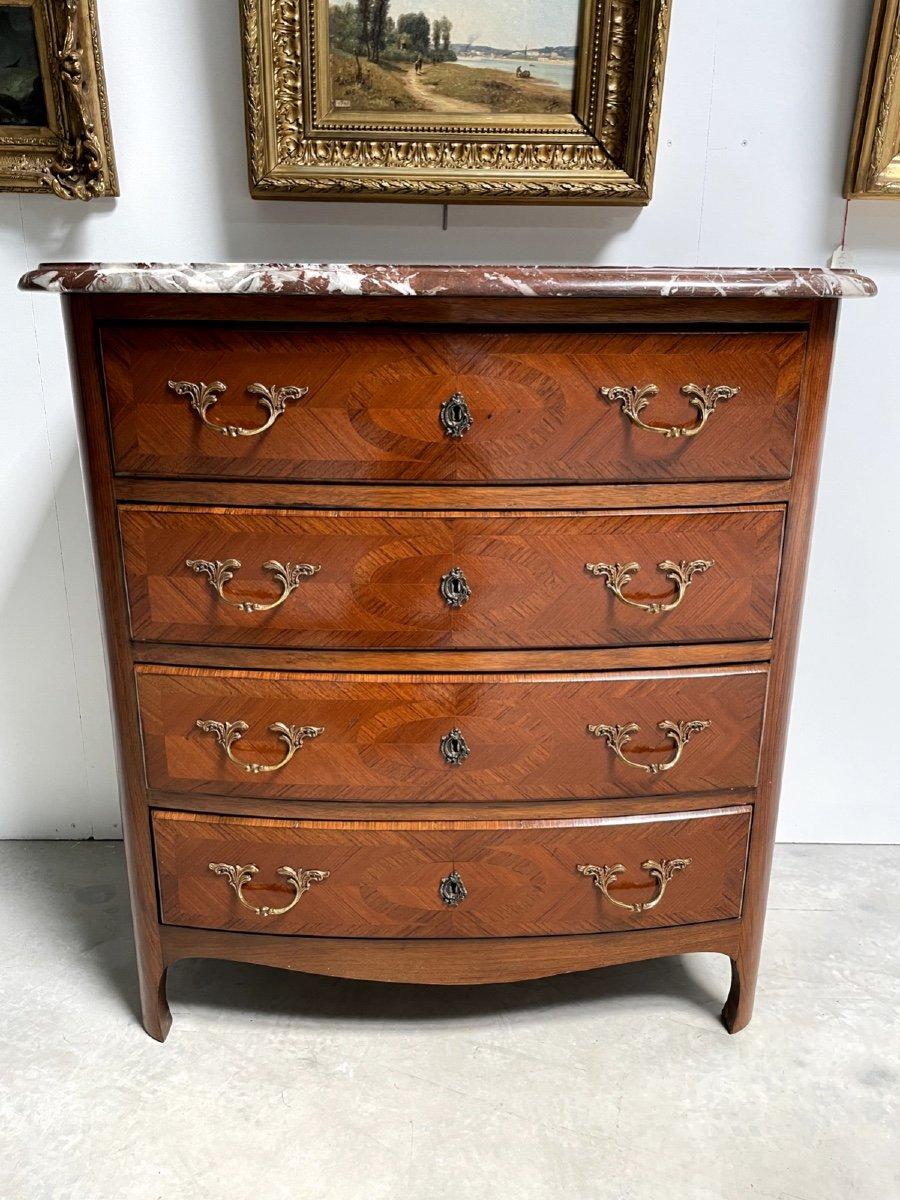 French Louis XIV Style Commode with Rosewood Marquetry Décor and Red Griotte Marble For Sale