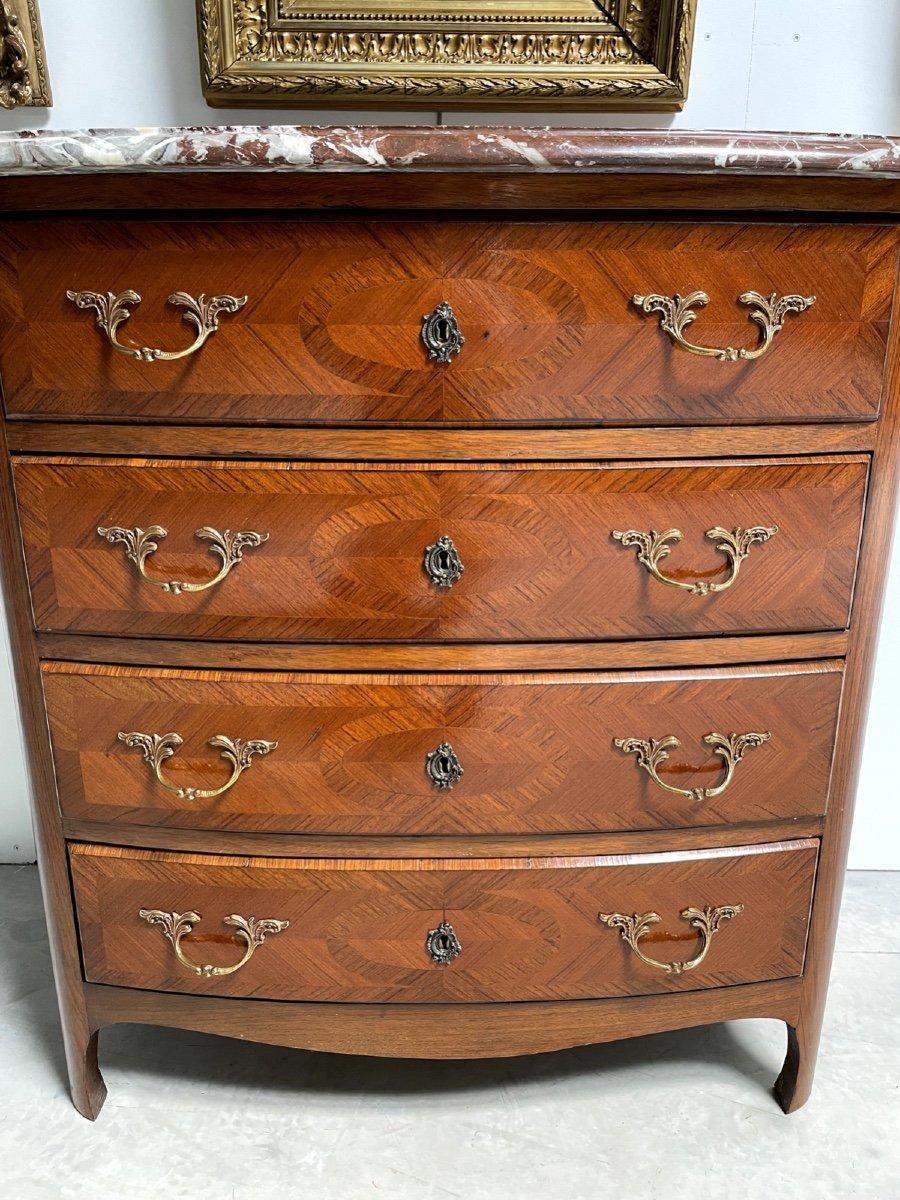 Louis XIV Style Commode with Rosewood Marquetry Décor and Red Griotte Marble In Good Condition For Sale In Atlanta, GA