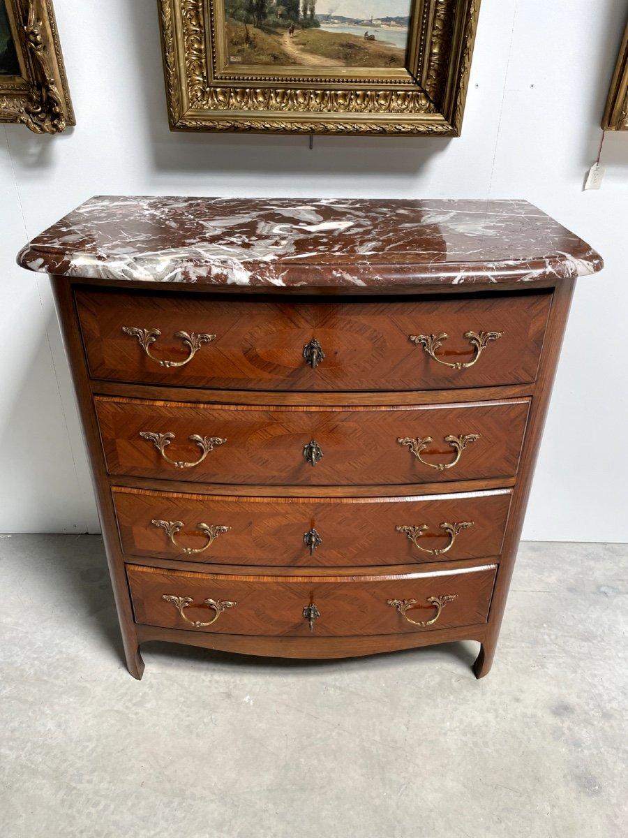 20th Century Louis XIV Style Commode with Rosewood Marquetry Décor and Red Griotte Marble For Sale