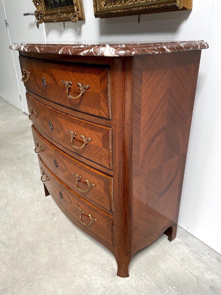 Louis XIV Style Commode with Rosewood Marquetry Décor and Red Griotte Marble For Sale 3