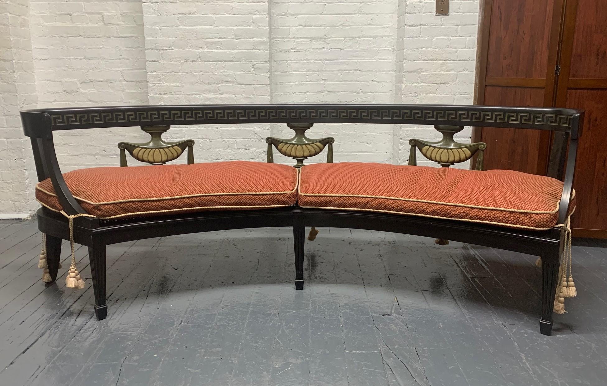 Louis XIV style curved bench. Bench has the original cane seat, has three painted green urns with Greek key pattern to the top frame.