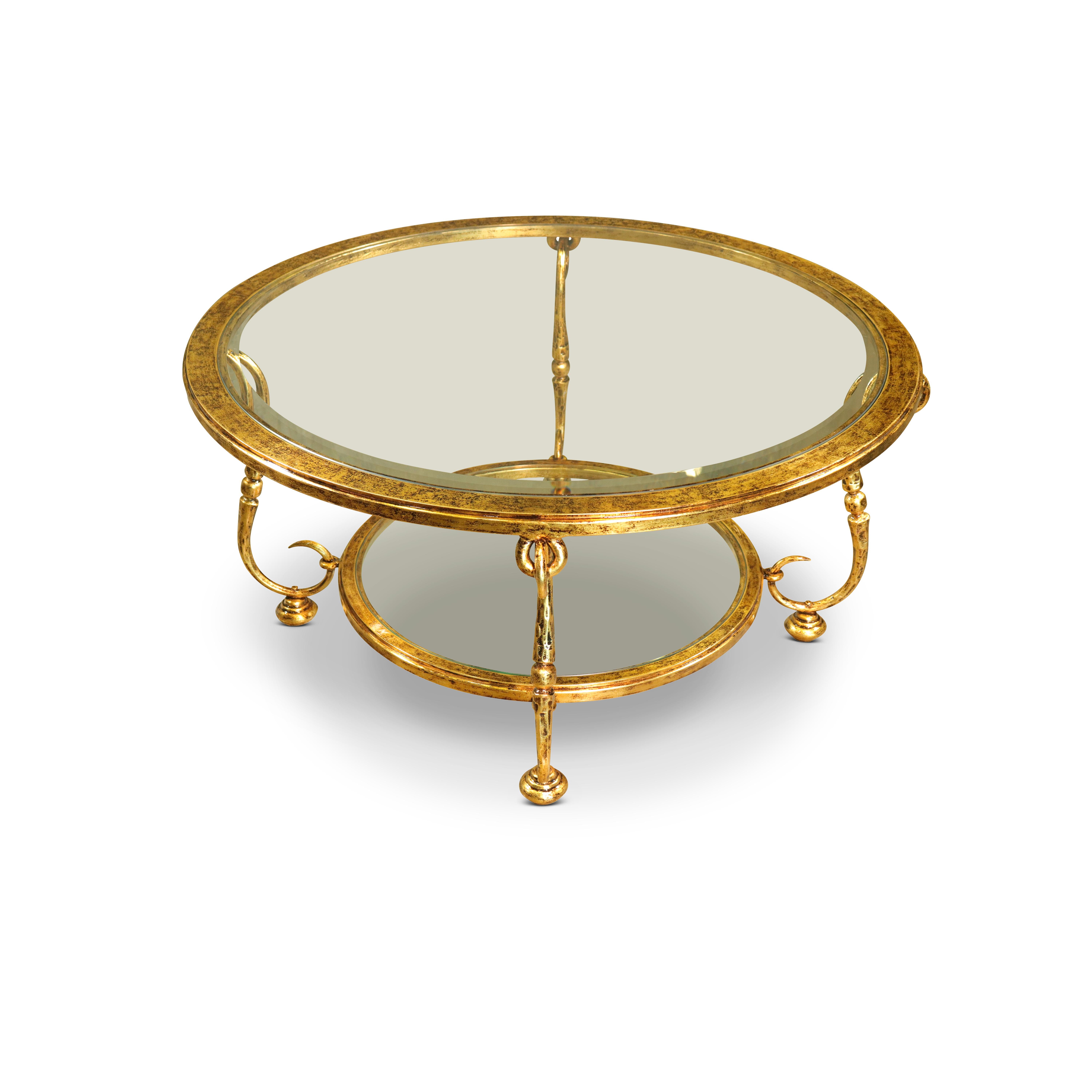 Italian Louis XIV Style Designer Venetian Gilt, Iron, Crystal Scroll Round Coffee Table For Sale