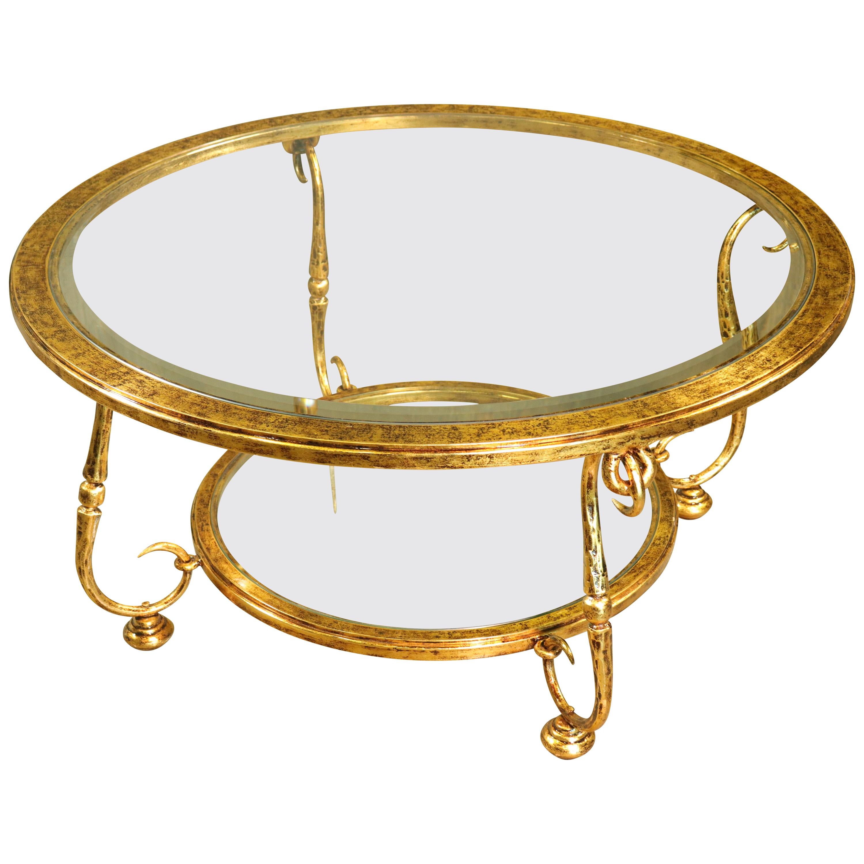 Louis XIV Style Designer Venetian Gilt, Iron, Crystal Scroll Round Coffee Table For Sale