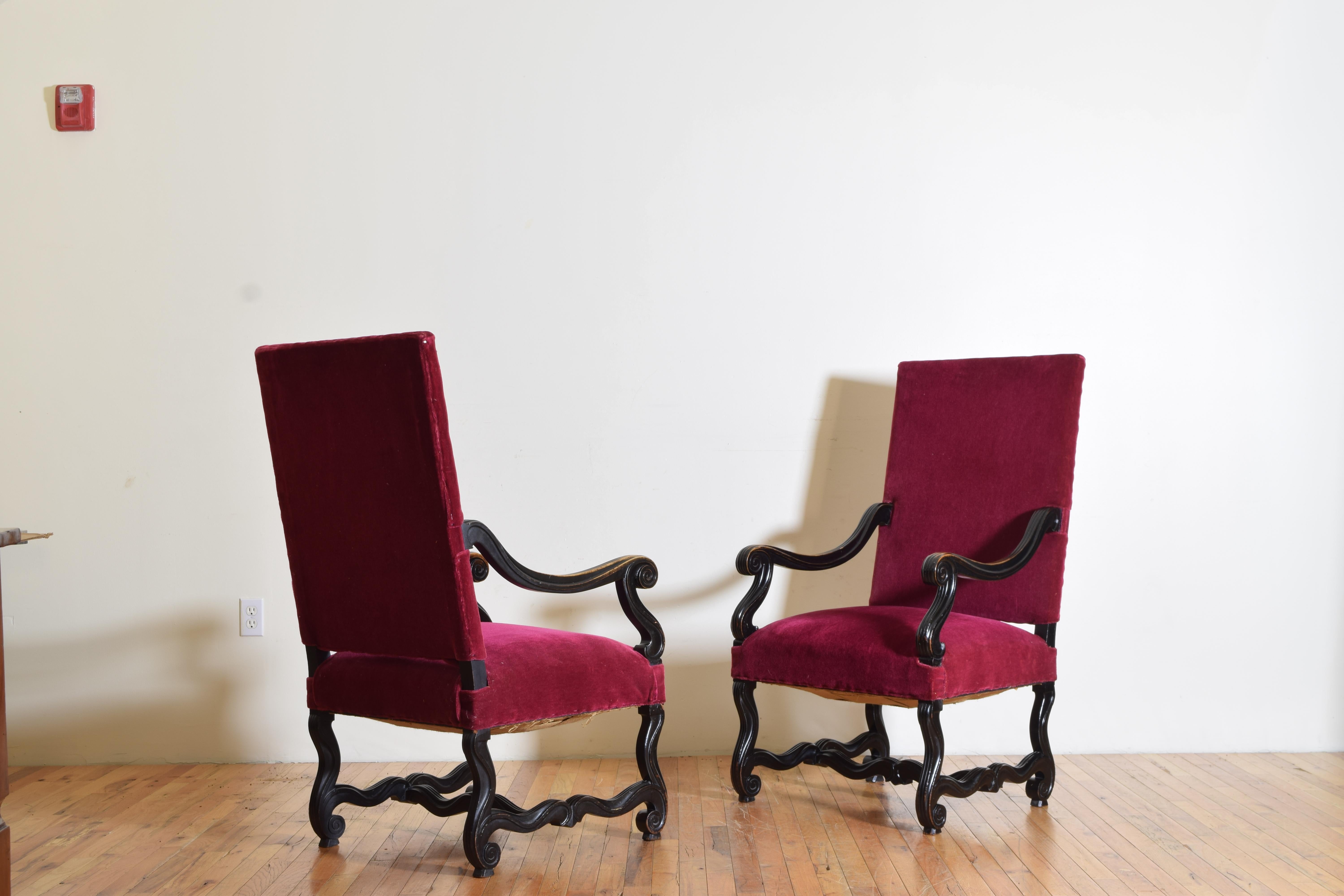 Hand-Carved French Louis XIV Style Ebonized Walnut Armchairs, Late 19th Century