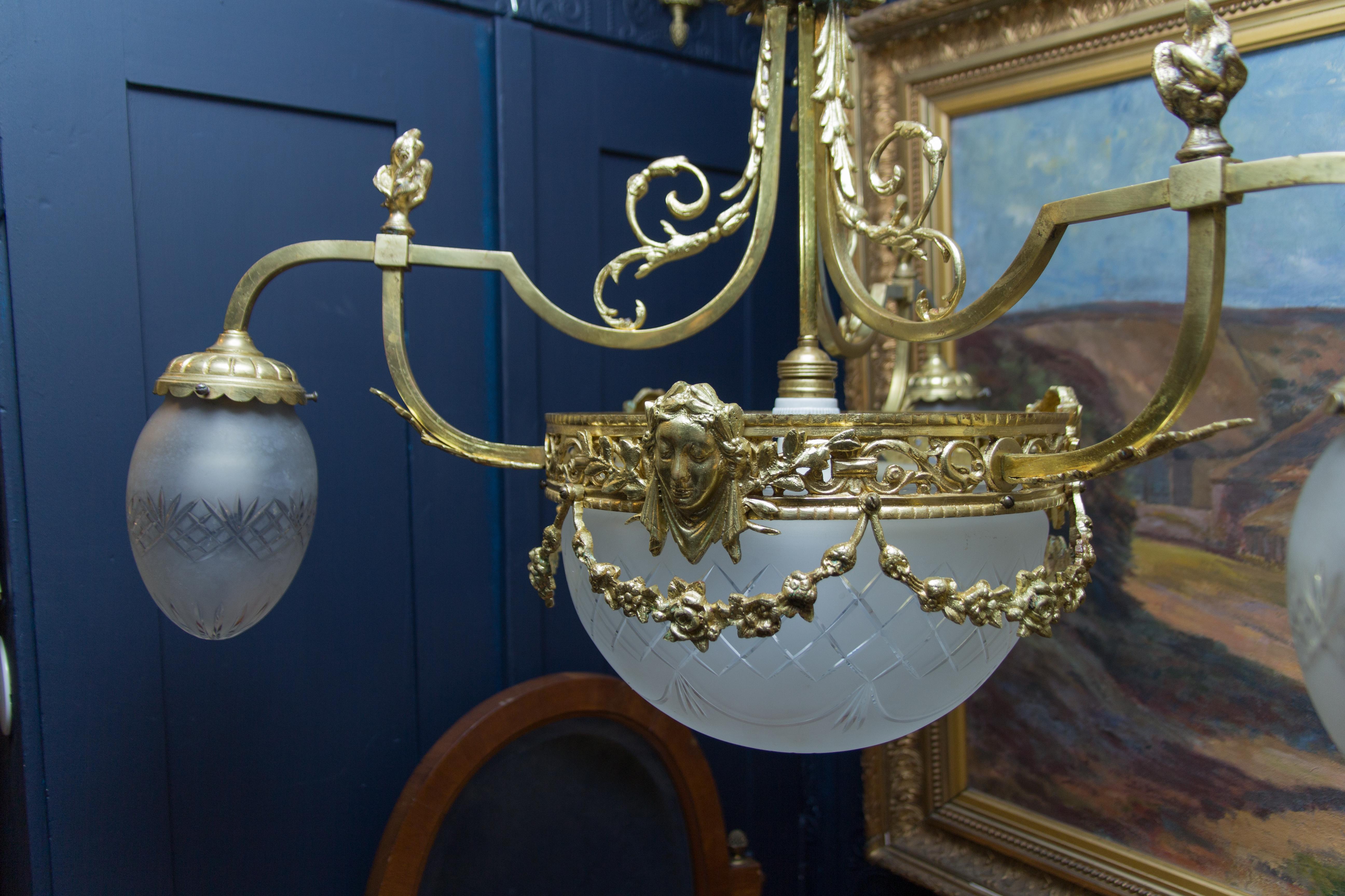 Louis XIV Style Four-Light Gilt Bronze and Frosted Glass Chandelier 5