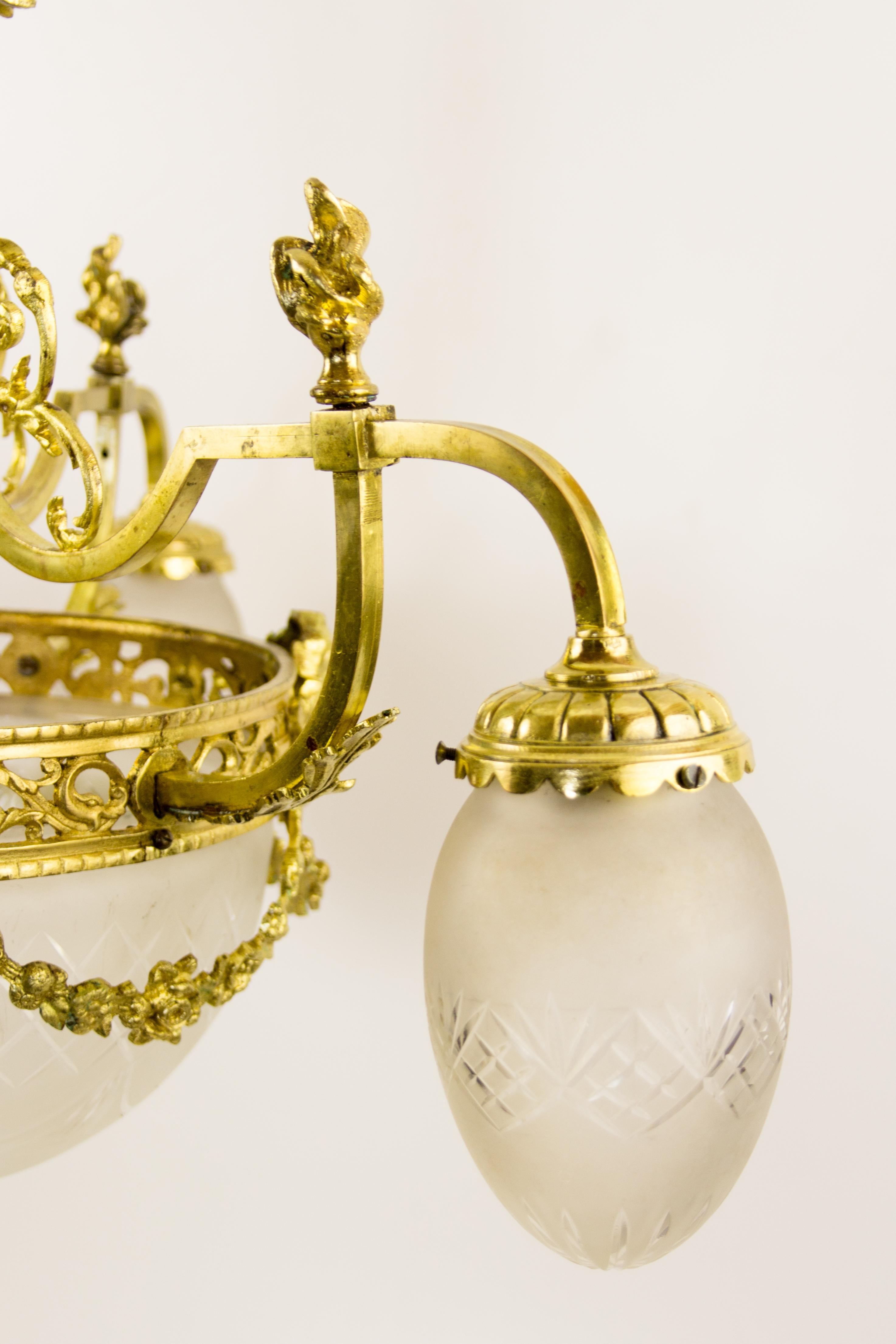 Early 20th Century Louis XIV Style Four-Light Gilt Bronze and Frosted Glass Chandelier