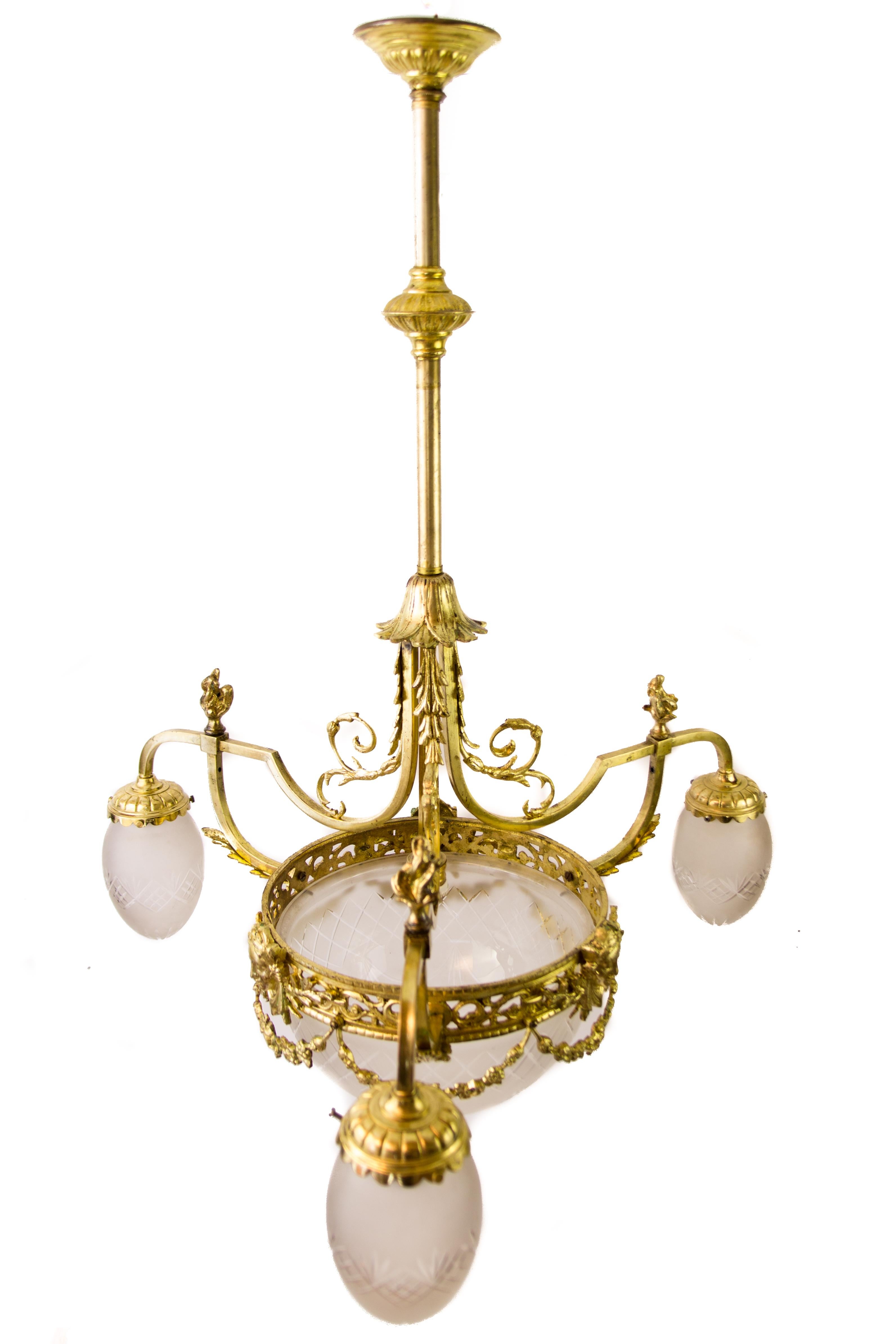 Cut Glass Louis XIV Style Four-Light Gilt Bronze and Frosted Glass Chandelier