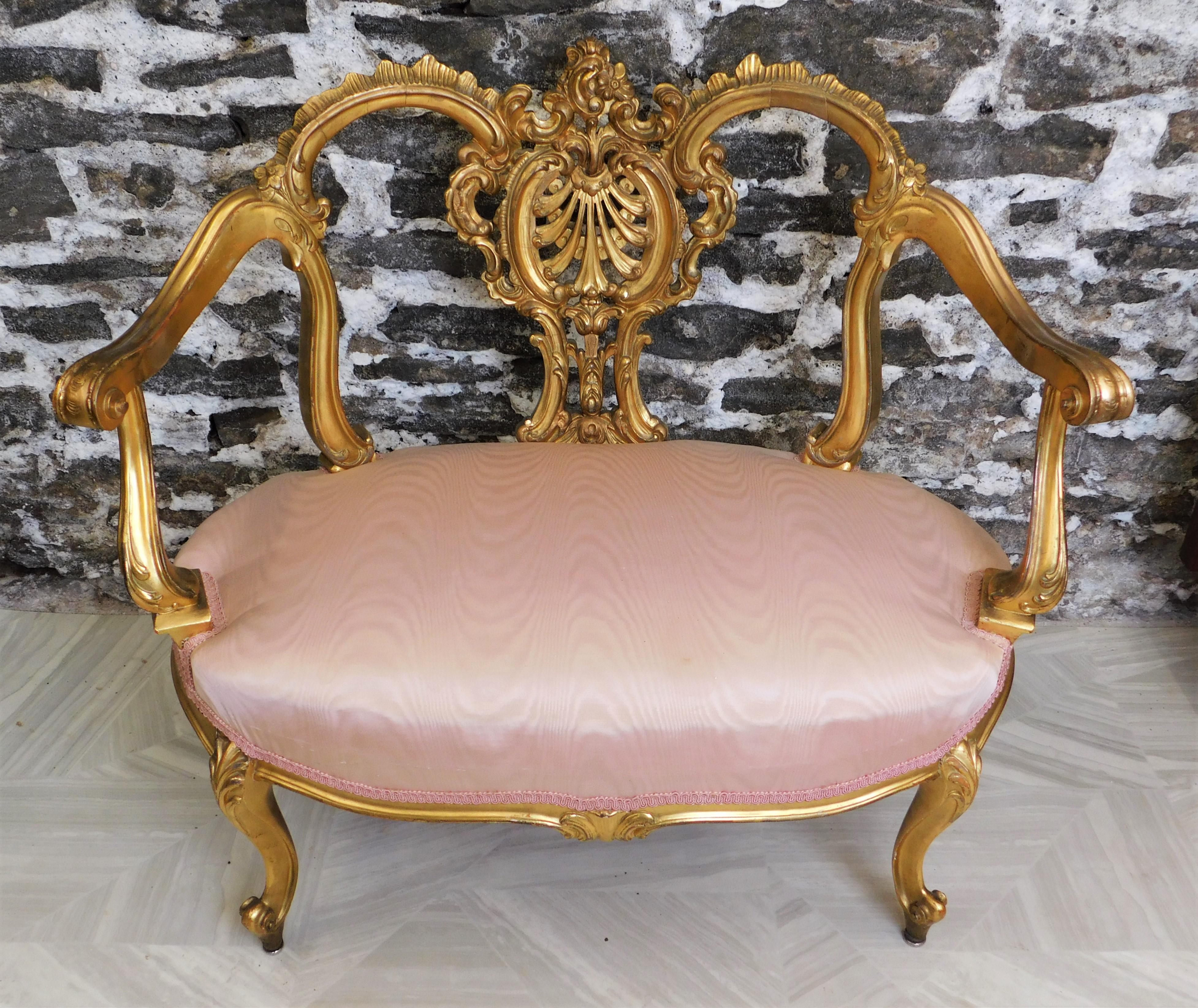 Louis XIV Style French Hand Carved Gilt Upholstered Settee 5