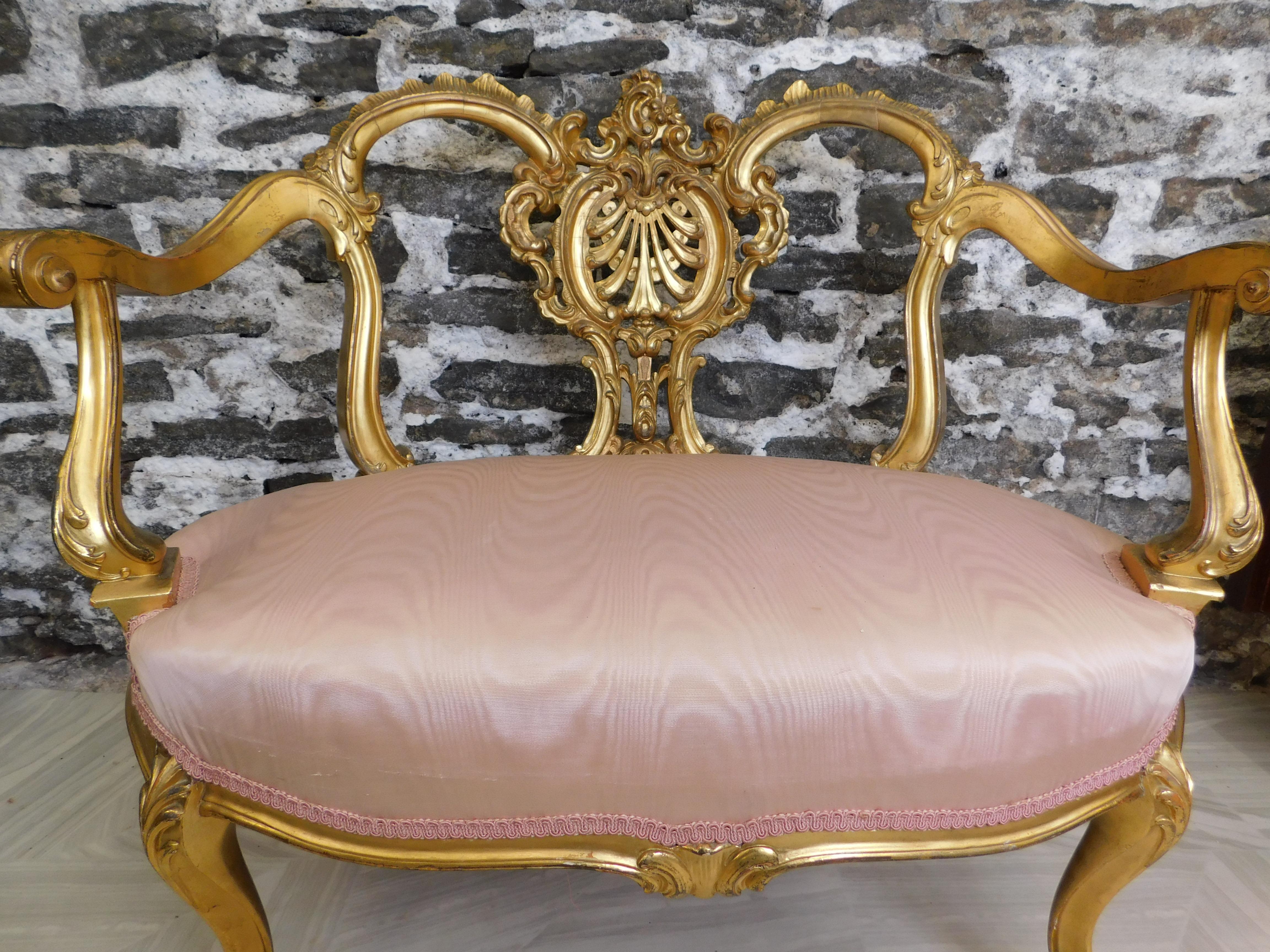 Louis XIV Style French Hand Carved Gilt Upholstered Settee For Sale at