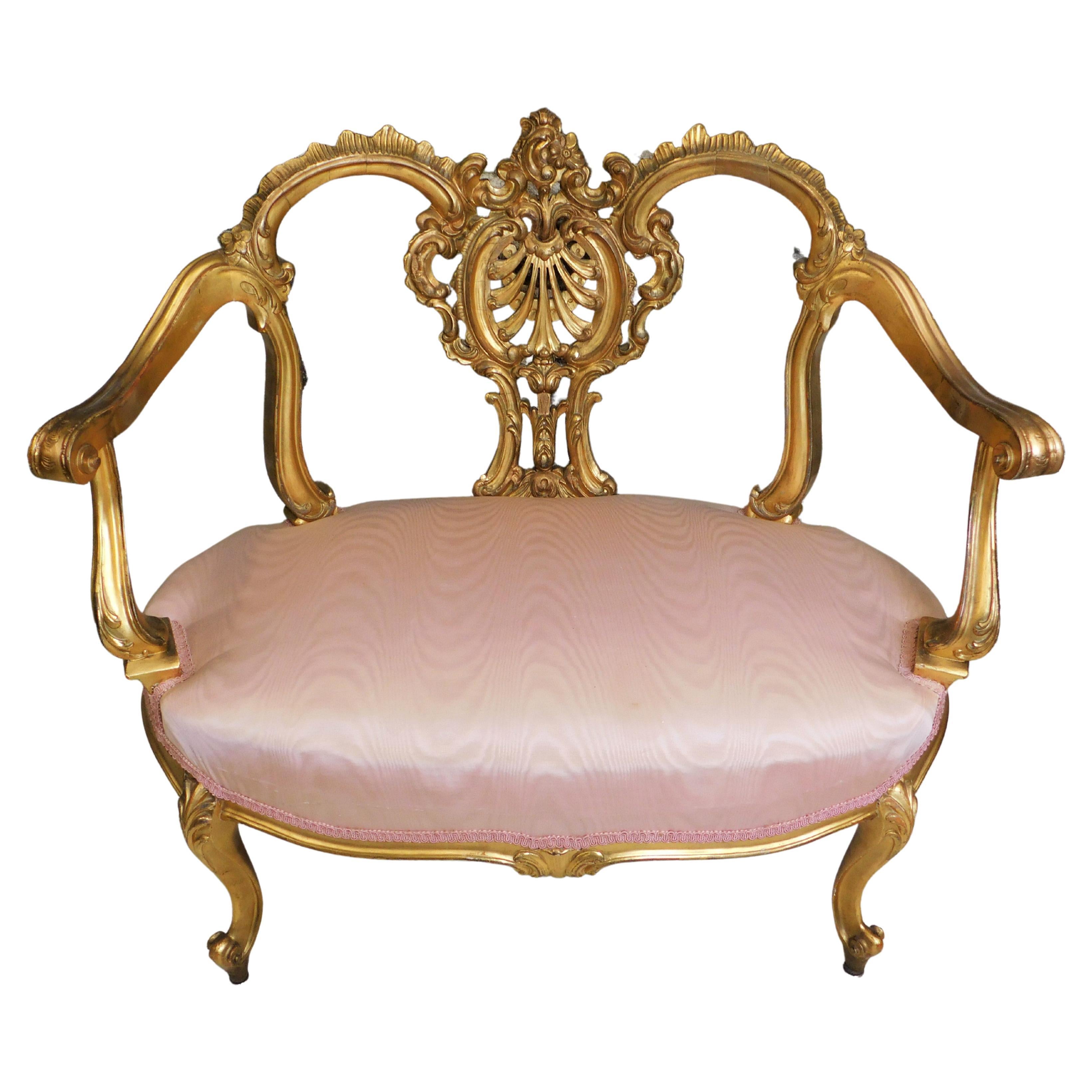 Louis XIV Style French Hand Carved Gilt Upholstered Settee