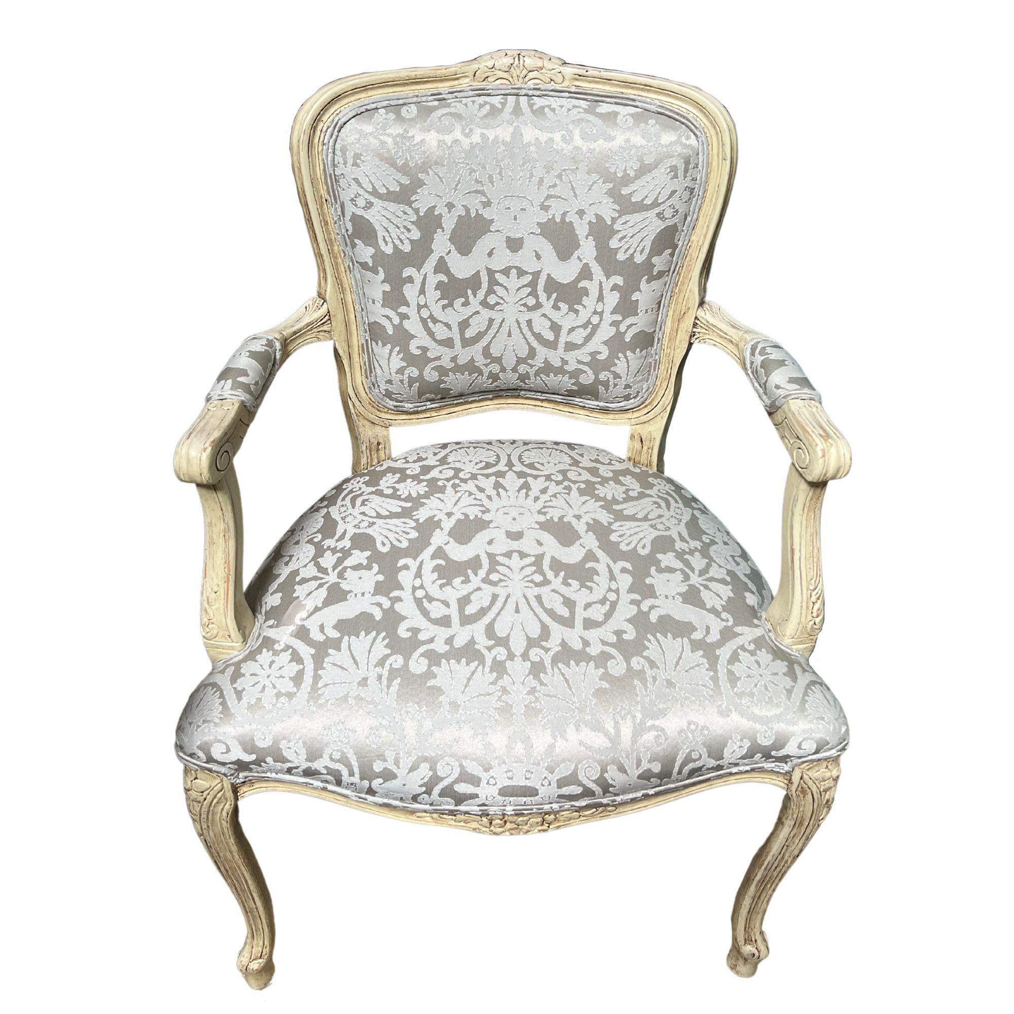 Louis XIV Style French Painted Arm Chairs with Reupholstered Fabric