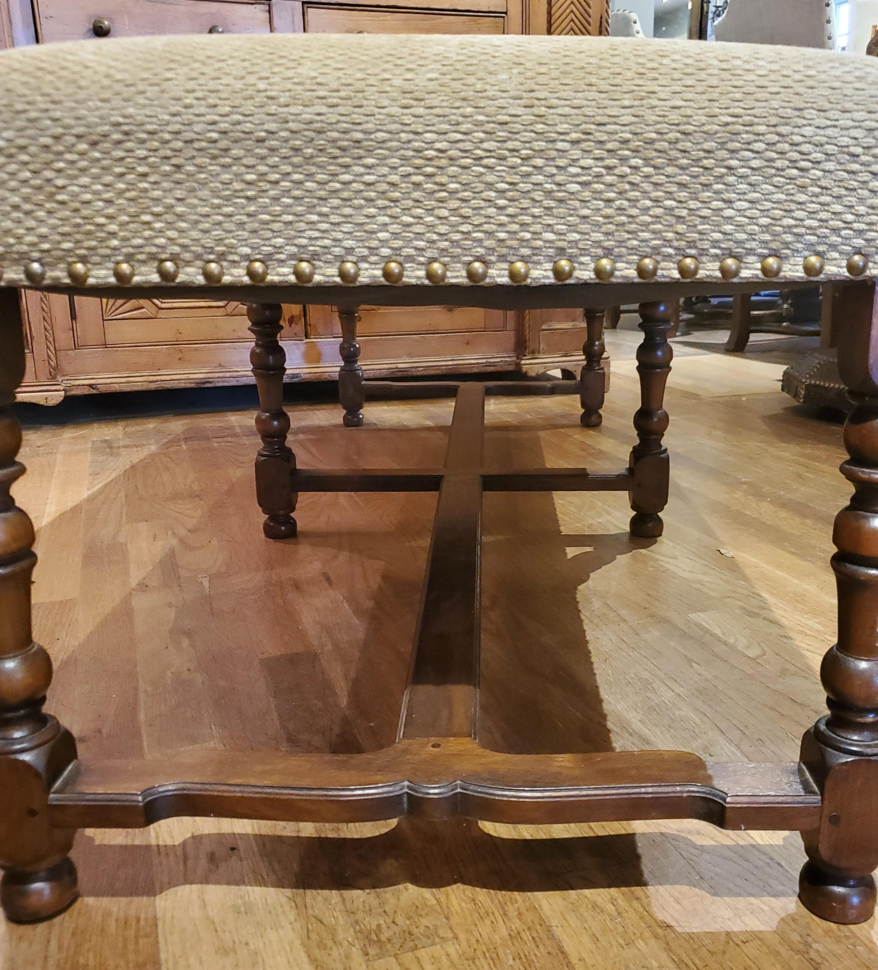 Louis XIV Style French Provincial Long Tan Upholstered Walnut Bench In Good Condition In Middleburg, VA