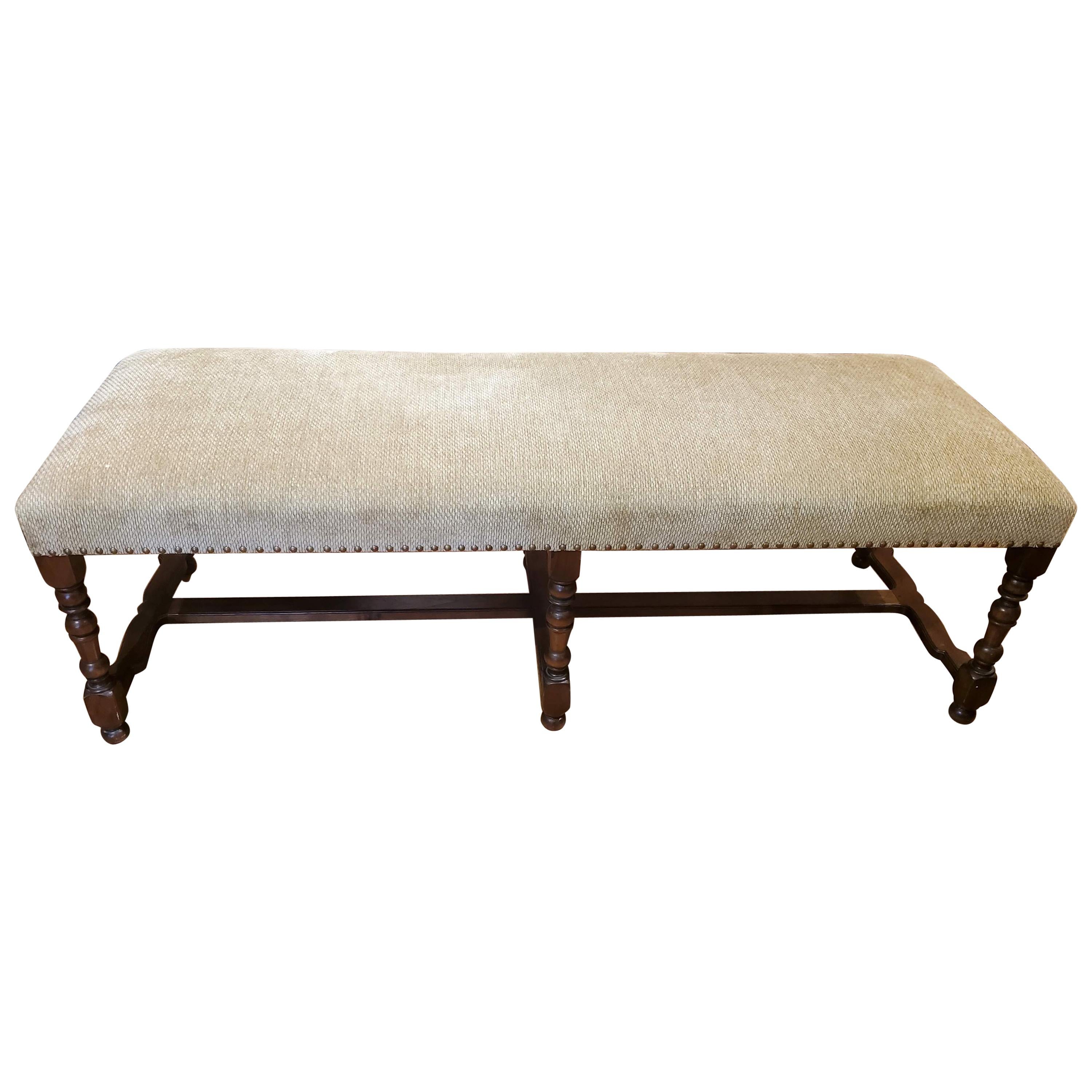 Louis XIV Style French Provincial Long Tan Upholstered Walnut Bench