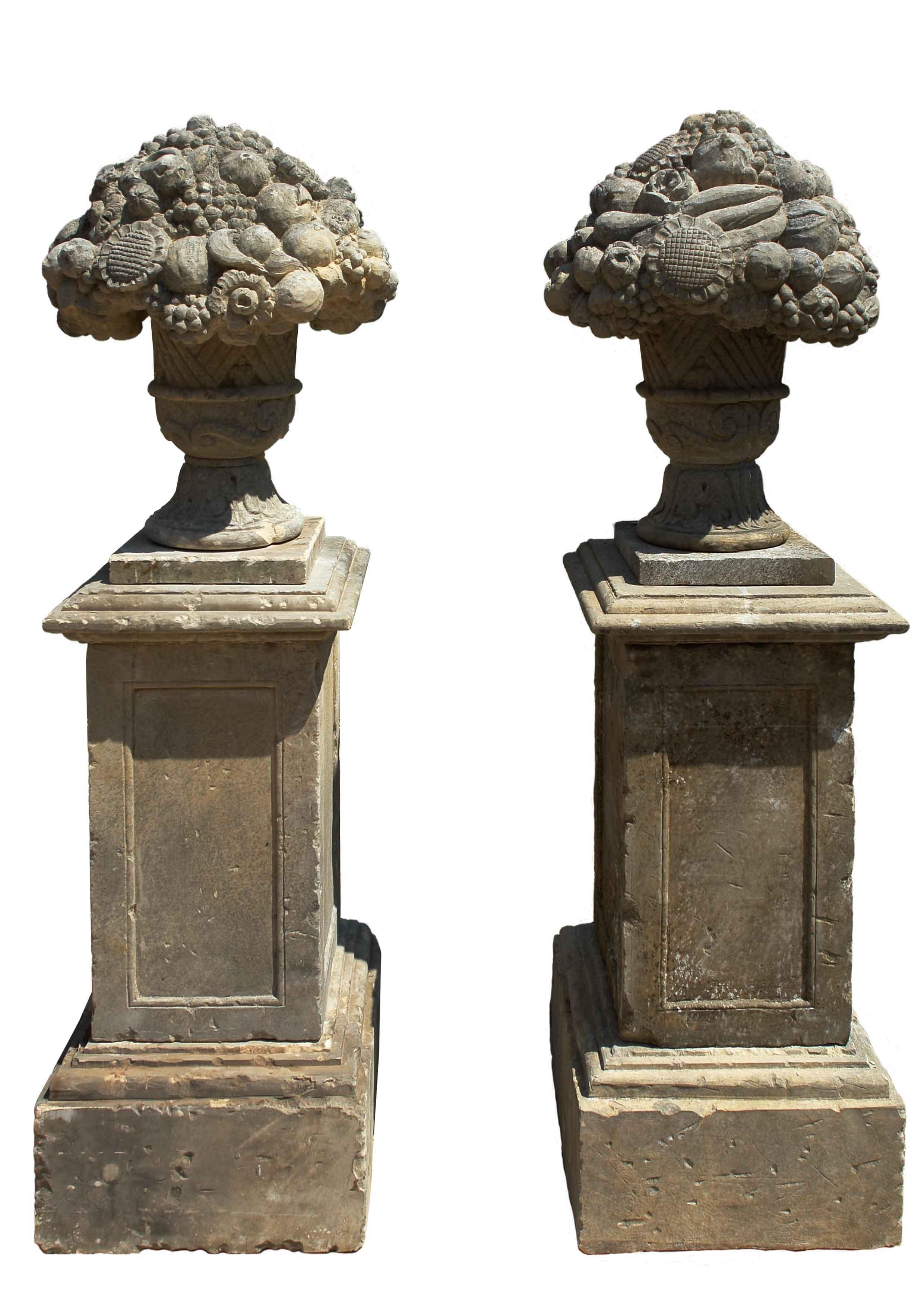 2 Louis XIV Style Fruits-Urns with Pedestal Hand-Carved in Pure Limestone For Sale 4