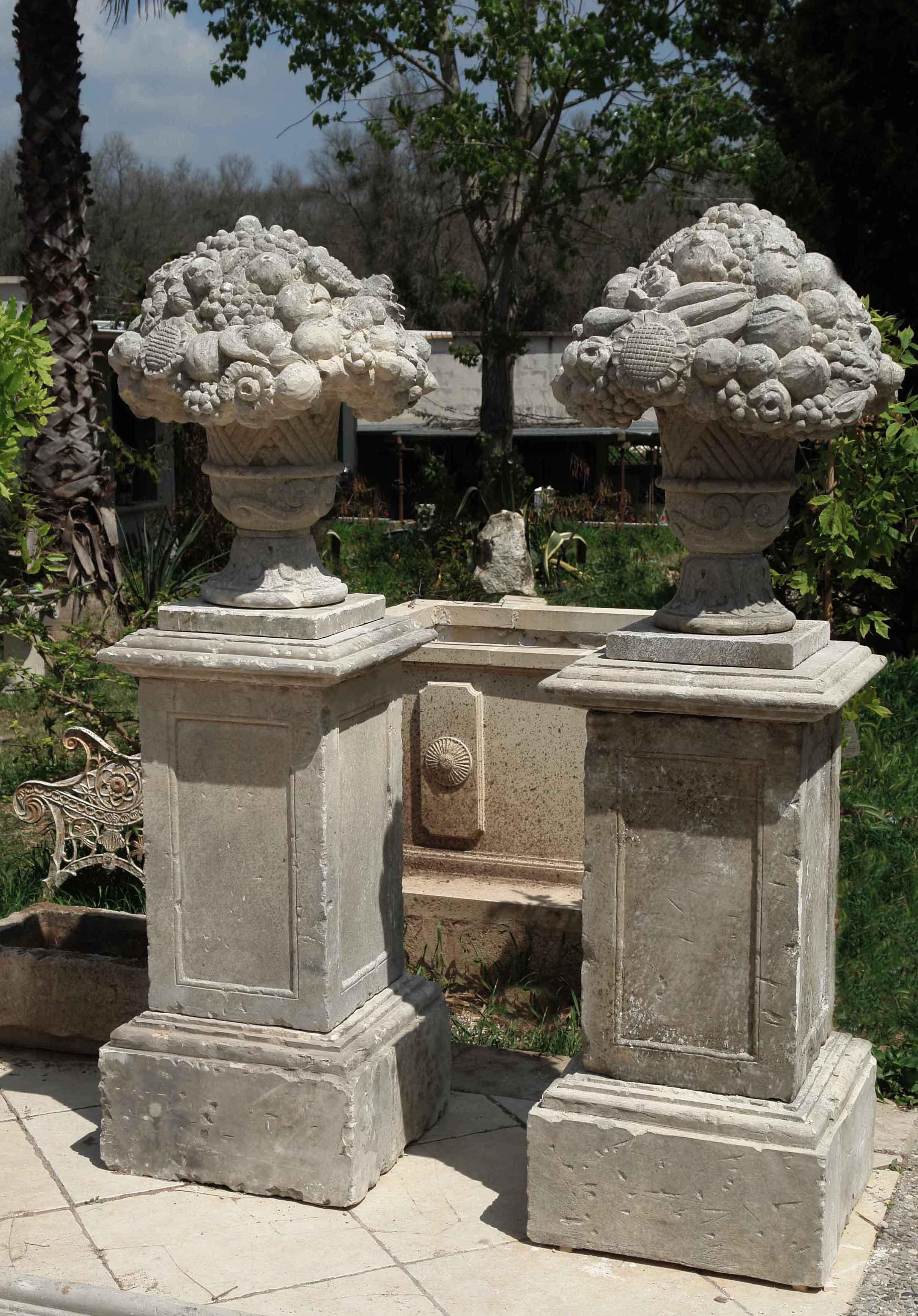 French 2 Louis XIV Style Fruits-Urns with Pedestal Hand-Carved in Pure Limestone For Sale