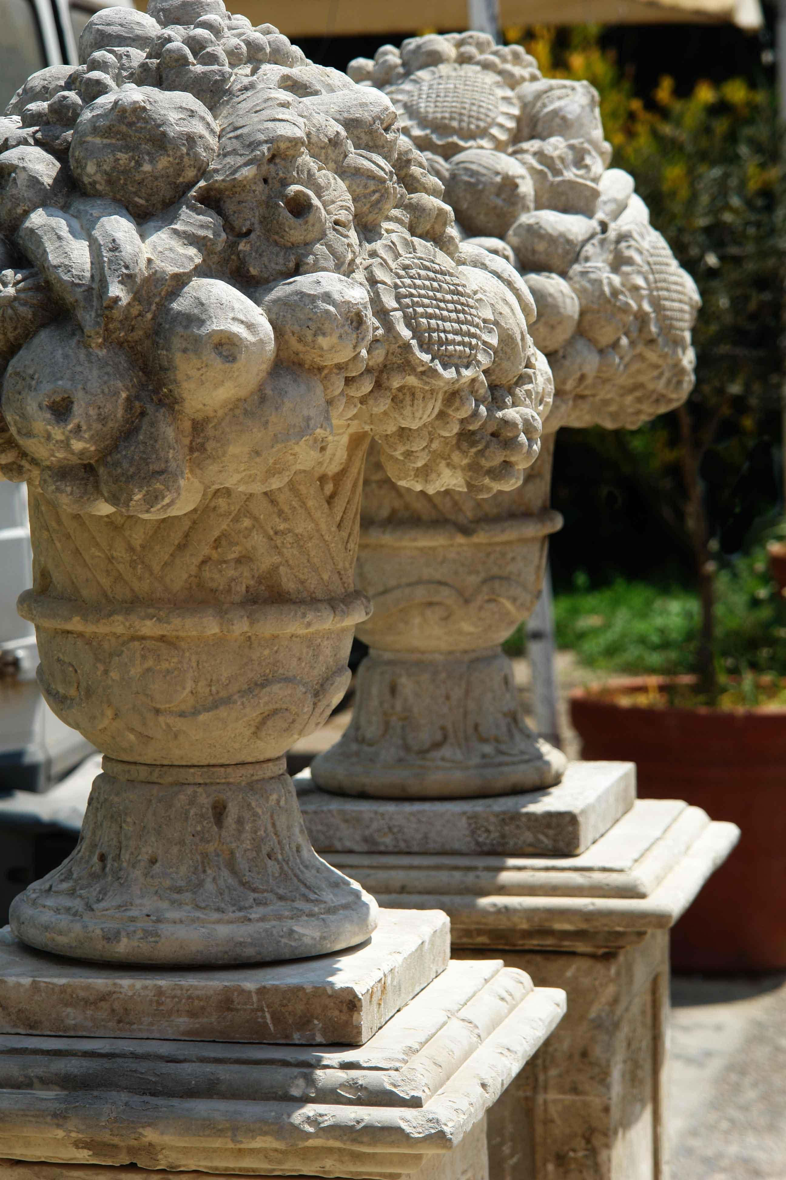 2 Louis XIV Style Fruits-Urns with Pedestal Hand-Carved in Pure Limestone In Good Condition For Sale In LOS ANGELES, CA