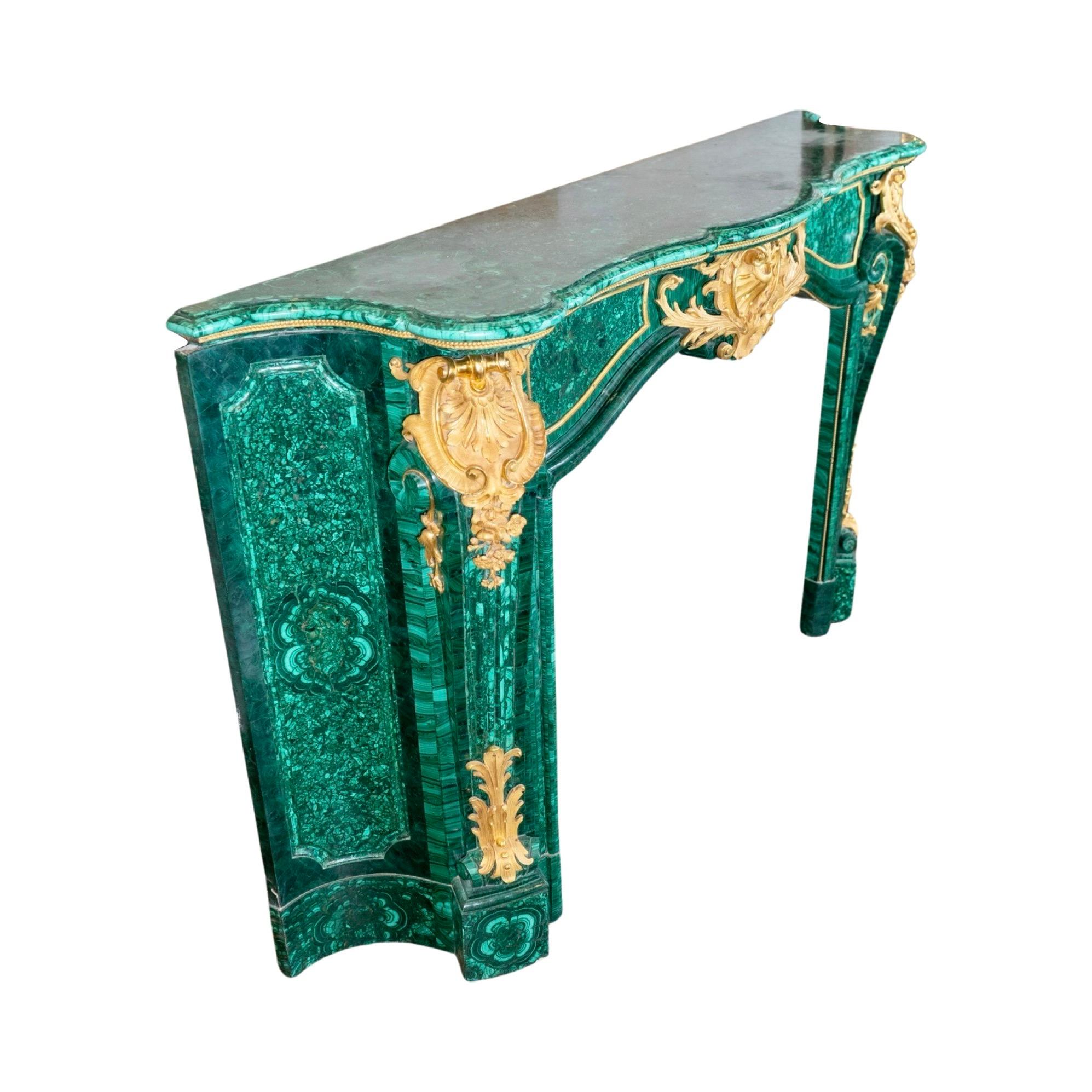 Baroque Louis XIV Style Gilt Bronze and Malachite Fireplace For Sale