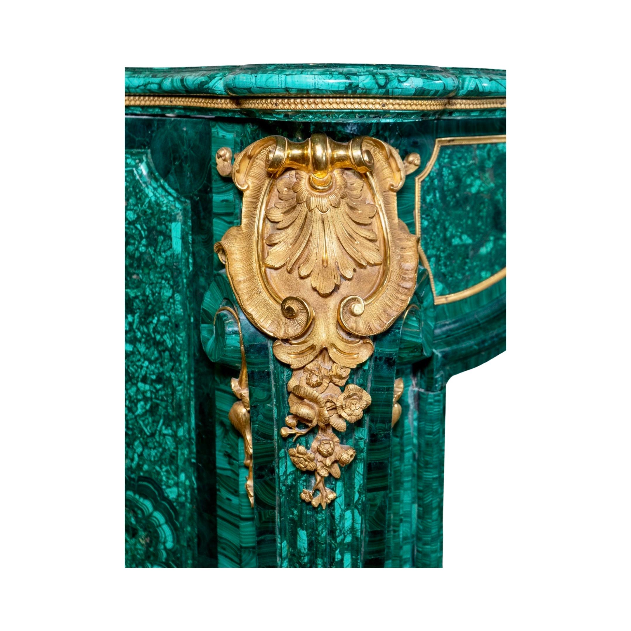 French Louis XIV Style Gilt Bronze and Malachite Fireplace For Sale