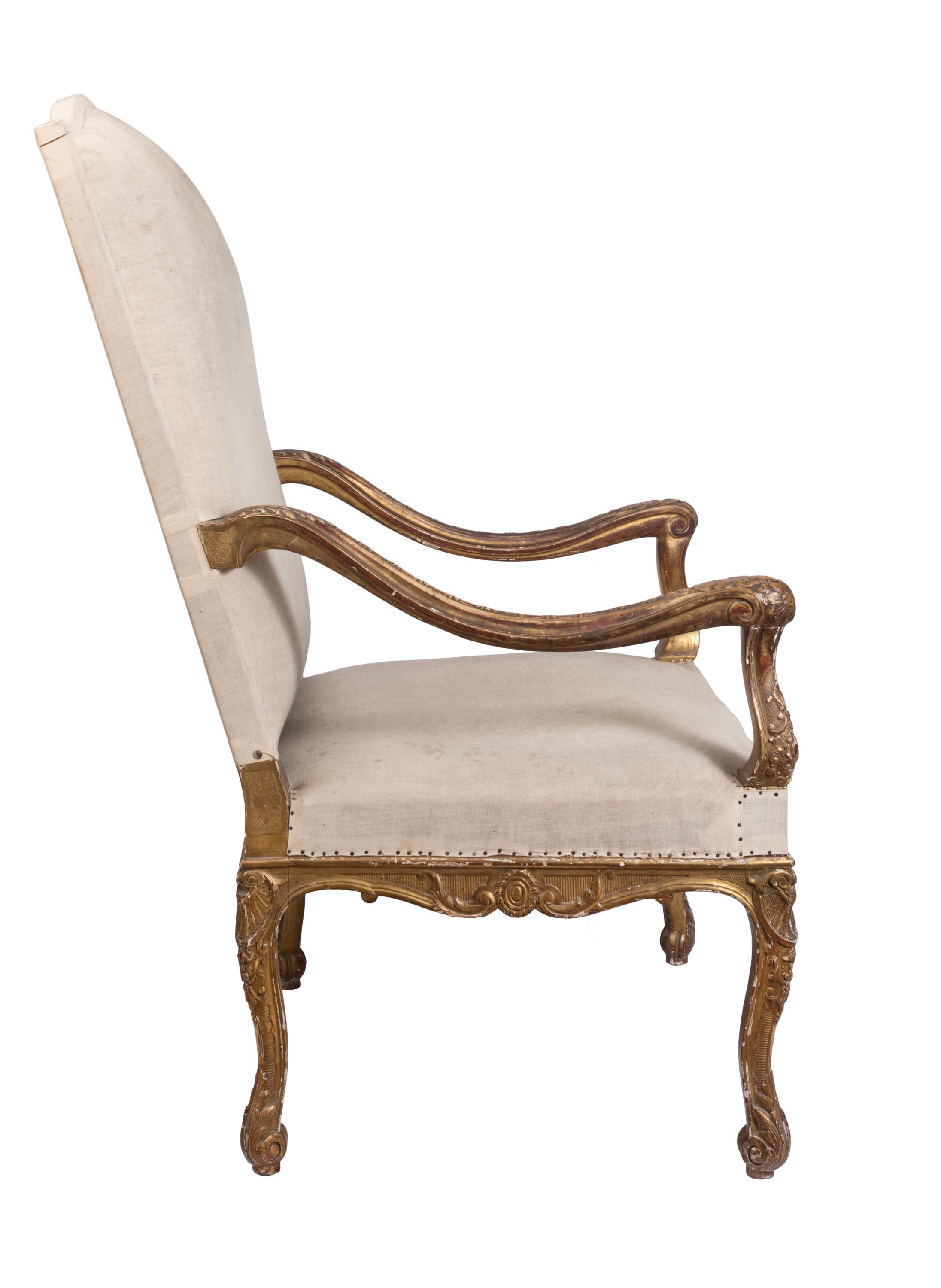 French Louis XIV Style High Back Upholstered Armchair with Carved Giltwood Detailing For Sale