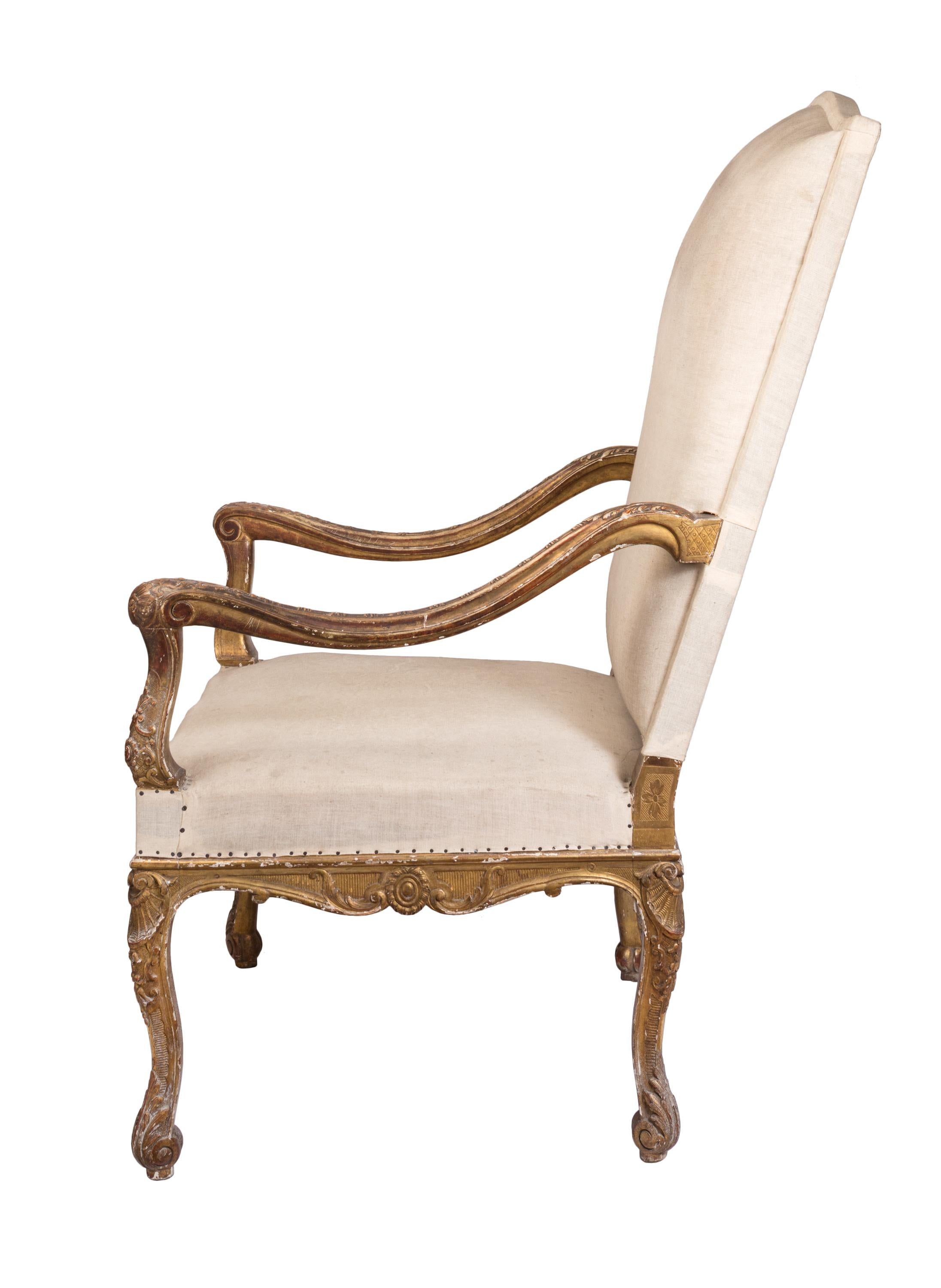19th Century Louis XIV Style High Back Upholstered Armchair with Carved Giltwood Detailing For Sale
