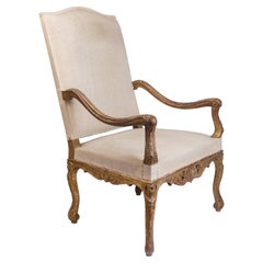 Louis XIV Style High Back Upholstered Armchair with Carved Giltwood Detailing