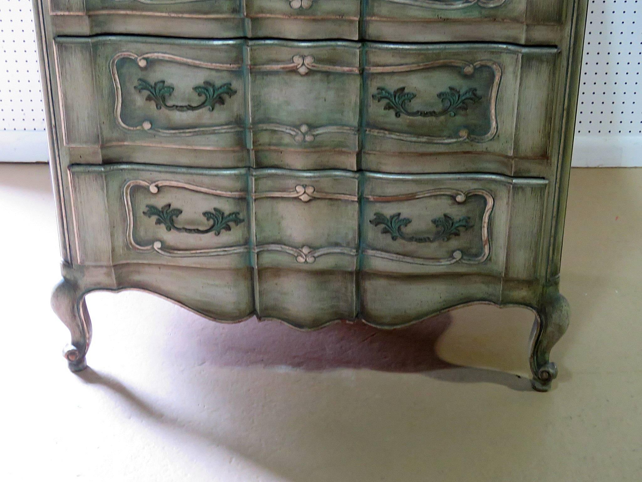 Louis XV style distressed painted highboy with five drawers.