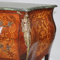 Louis XIV Style Kingwood, Ormolu, Marble & Satinwood Inlaid Bombe Commode 20thC
