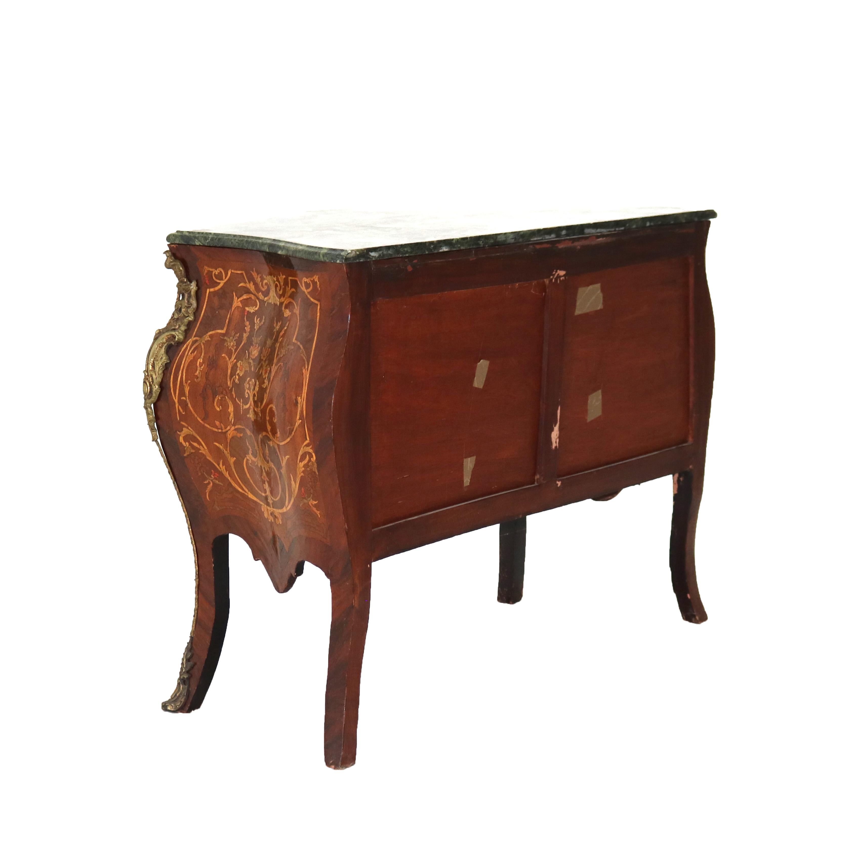 Commodo a bombe intarsiate in legno di re, ormù, marmo e legno satinato in stile Luigi XIV, XX sec. in vendita 1