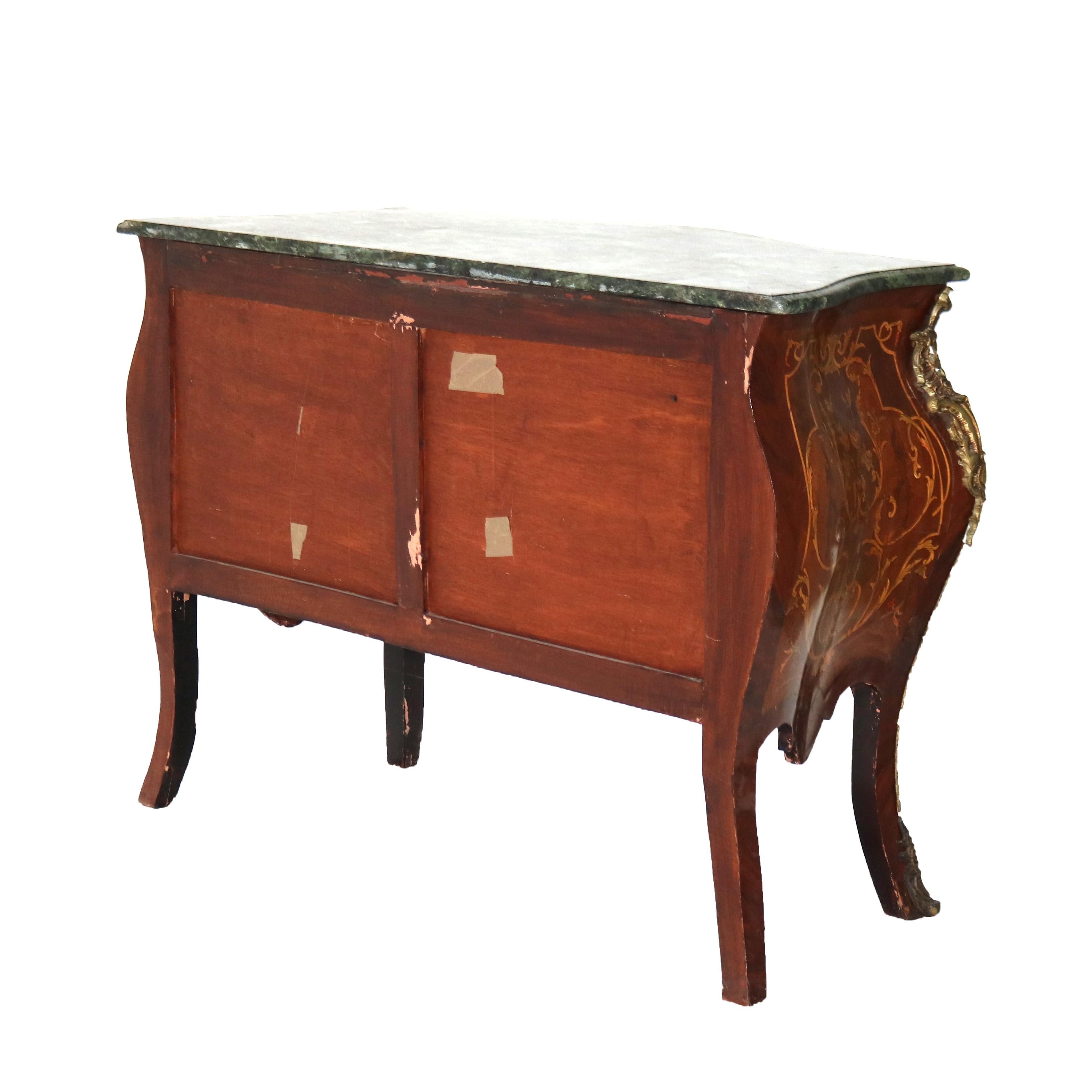 Commodo a bombe intarsiate in legno di re, ormù, marmo e legno satinato in stile Luigi XIV, XX sec. in vendita 2