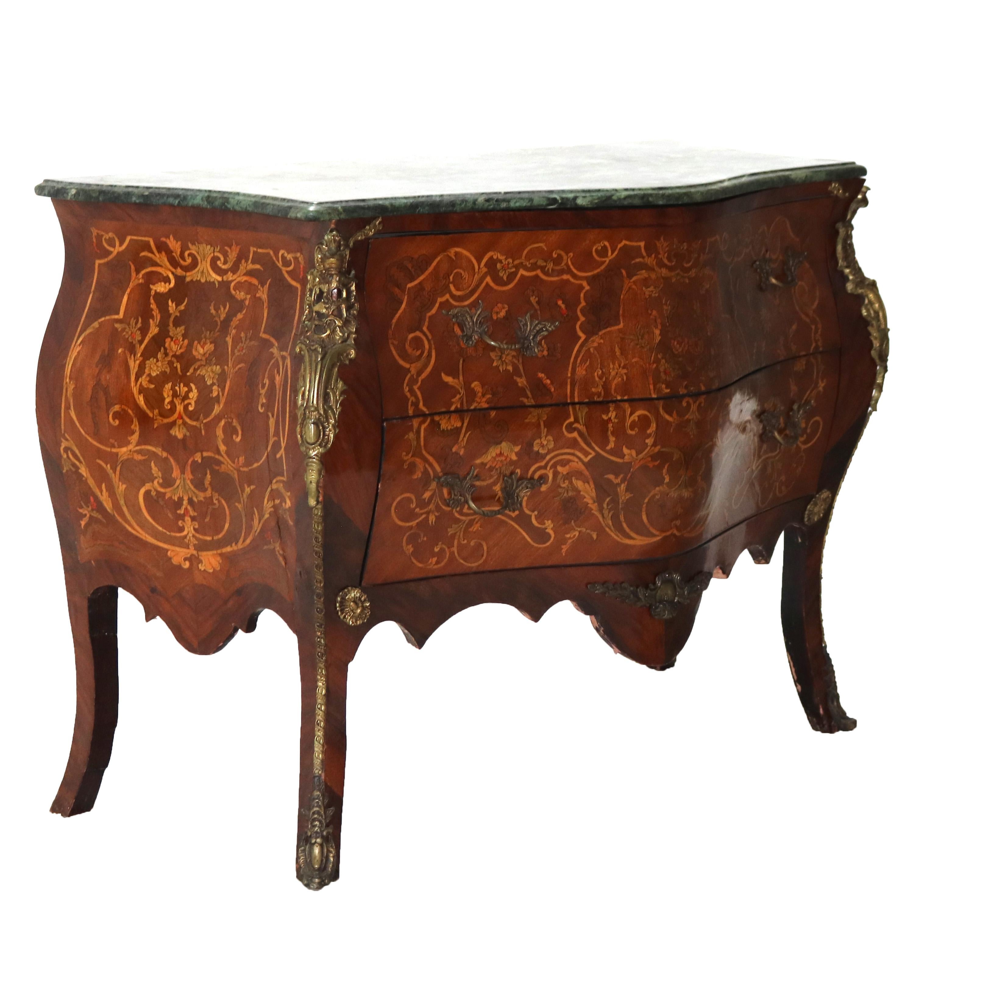 Commodo a bombe intarsiate in legno di re, ormù, marmo e legno satinato in stile Luigi XIV, XX sec. in vendita 3