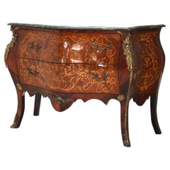 Louis XIV Style Kingwood, Ormolu, Marble & Satinwood Inlaid Bombe Commode 20thC