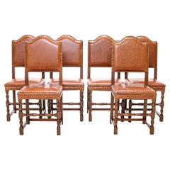 Louis XIV Style Oak Leather Upholstered Dining Chairs