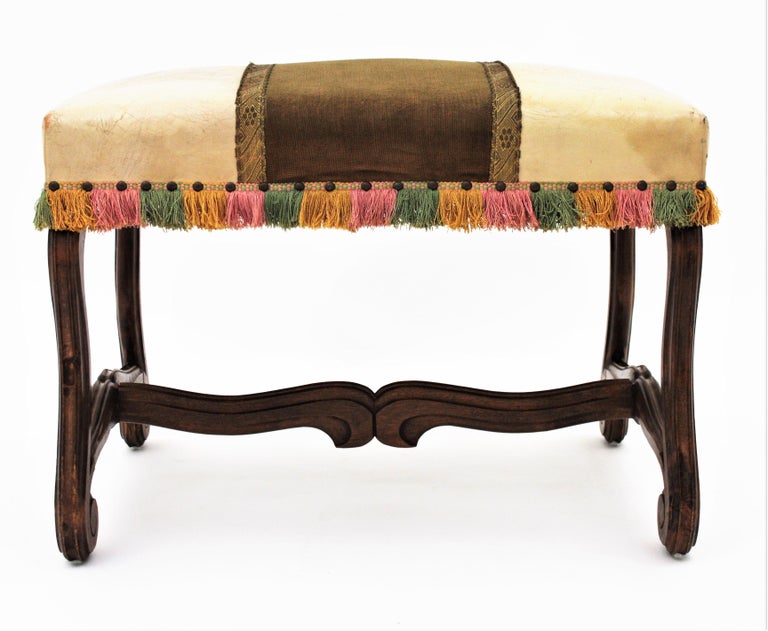 Fabric Louis XIV Style Stool or Bench with Os de Mouton Carved Legs For Sale