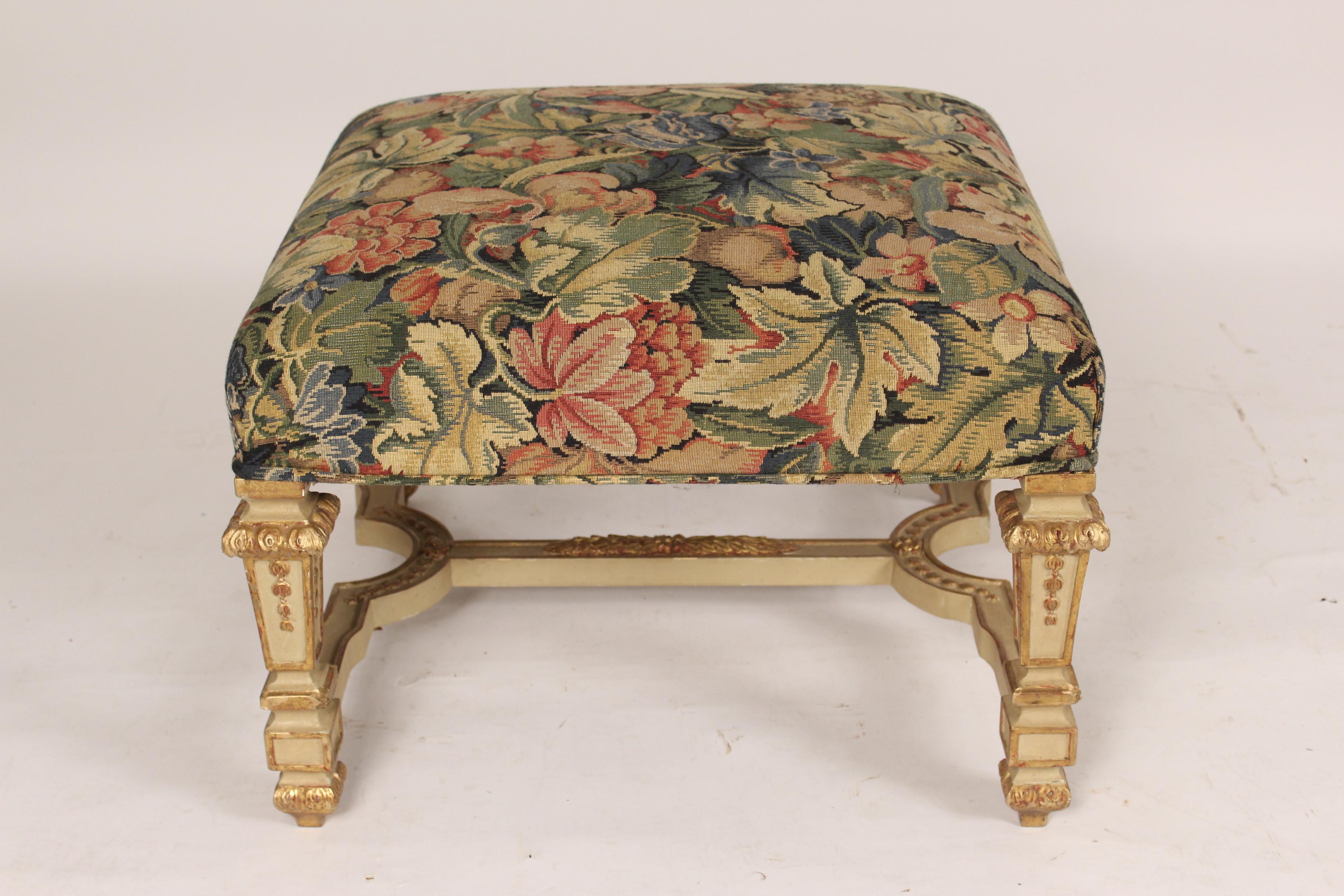 Louis XIV style painted and partial gilt (gold leaf) bench with floral tapestry style upholstered seat, late 20th century.