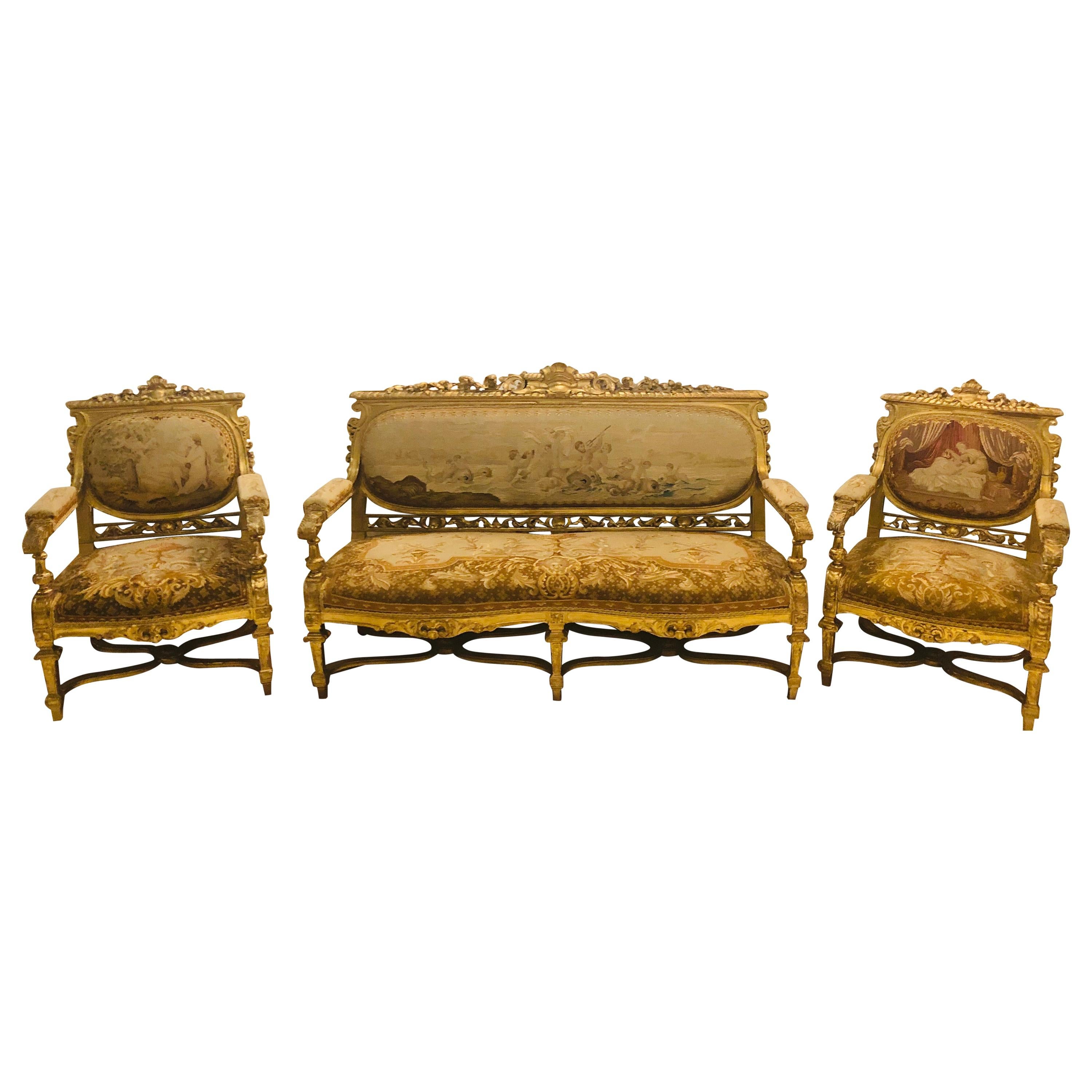 Louis XIV Style Parlor Suite / Salon Set Three-Piece Giltwood Aubusson