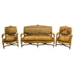 Antique Louis XIV Style Parlor Suite / Salon Set Three-Piece Giltwood Aubusson