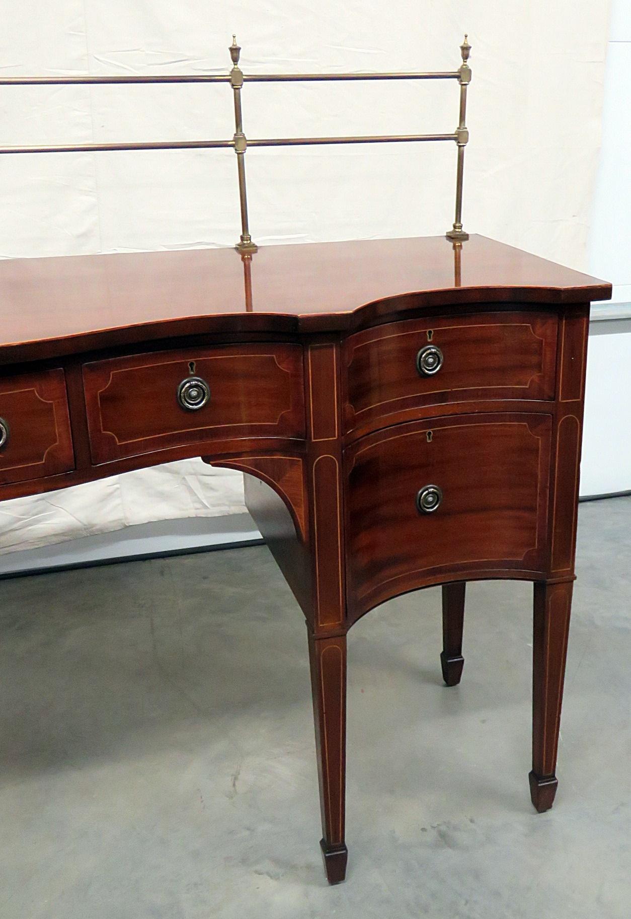 Louis XIV Sheraton Style Inlaid Mahogany Sideboard Server Buffet with Brass Gallery For Sale