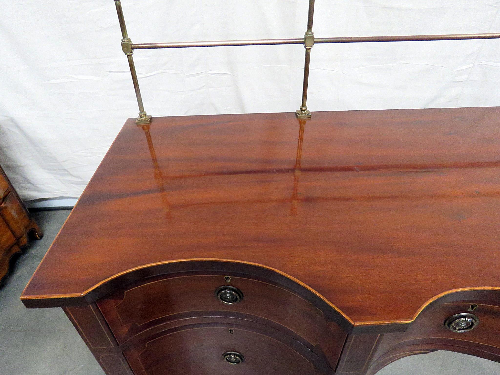 Sheraton Style Inlaid Mahogany Sideboard Server Buffet with Brass Gallery In Good Condition For Sale In Swedesboro, NJ