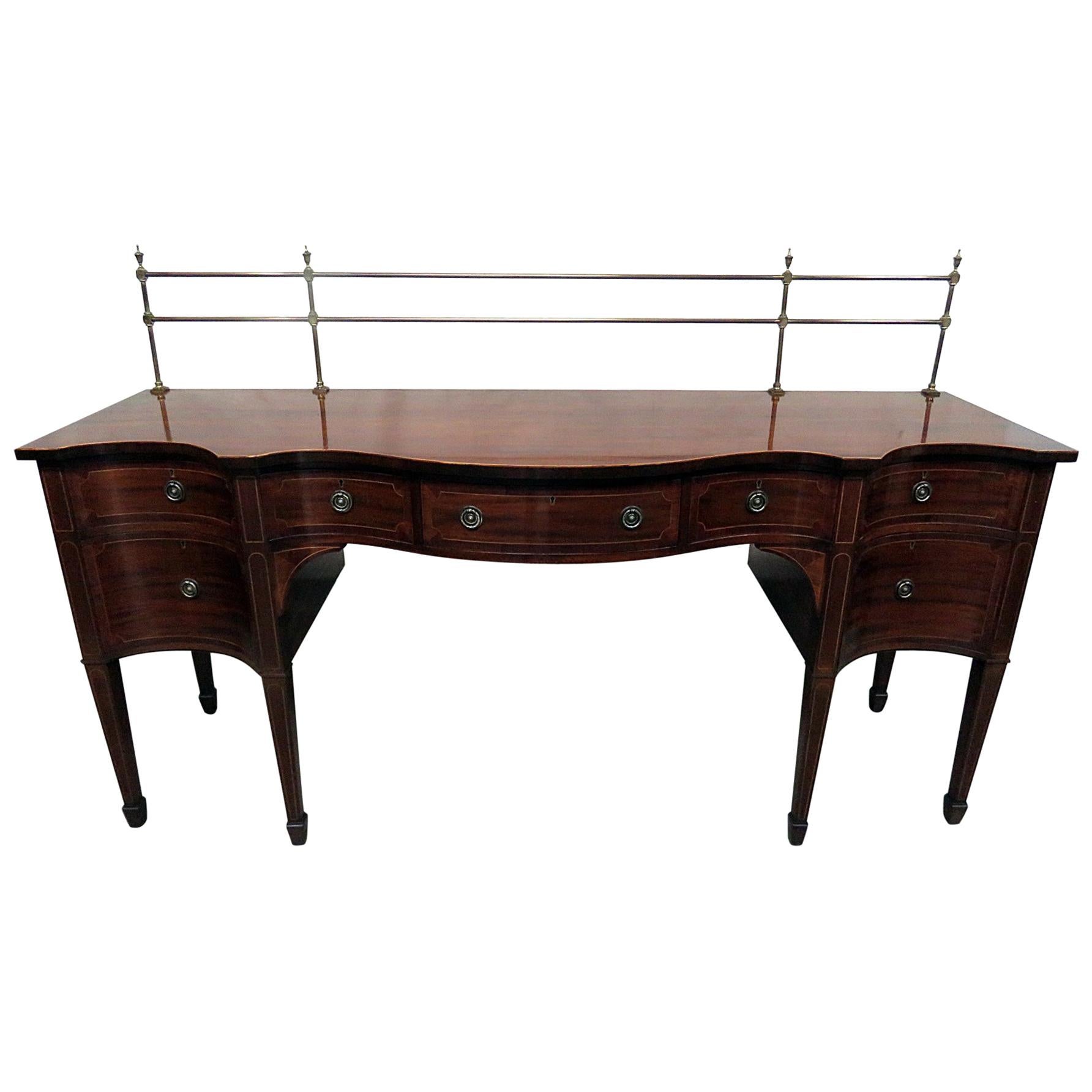 Sheraton Style Inlaid Mahogany Sideboard Server Buffet with Brass Gallery For Sale