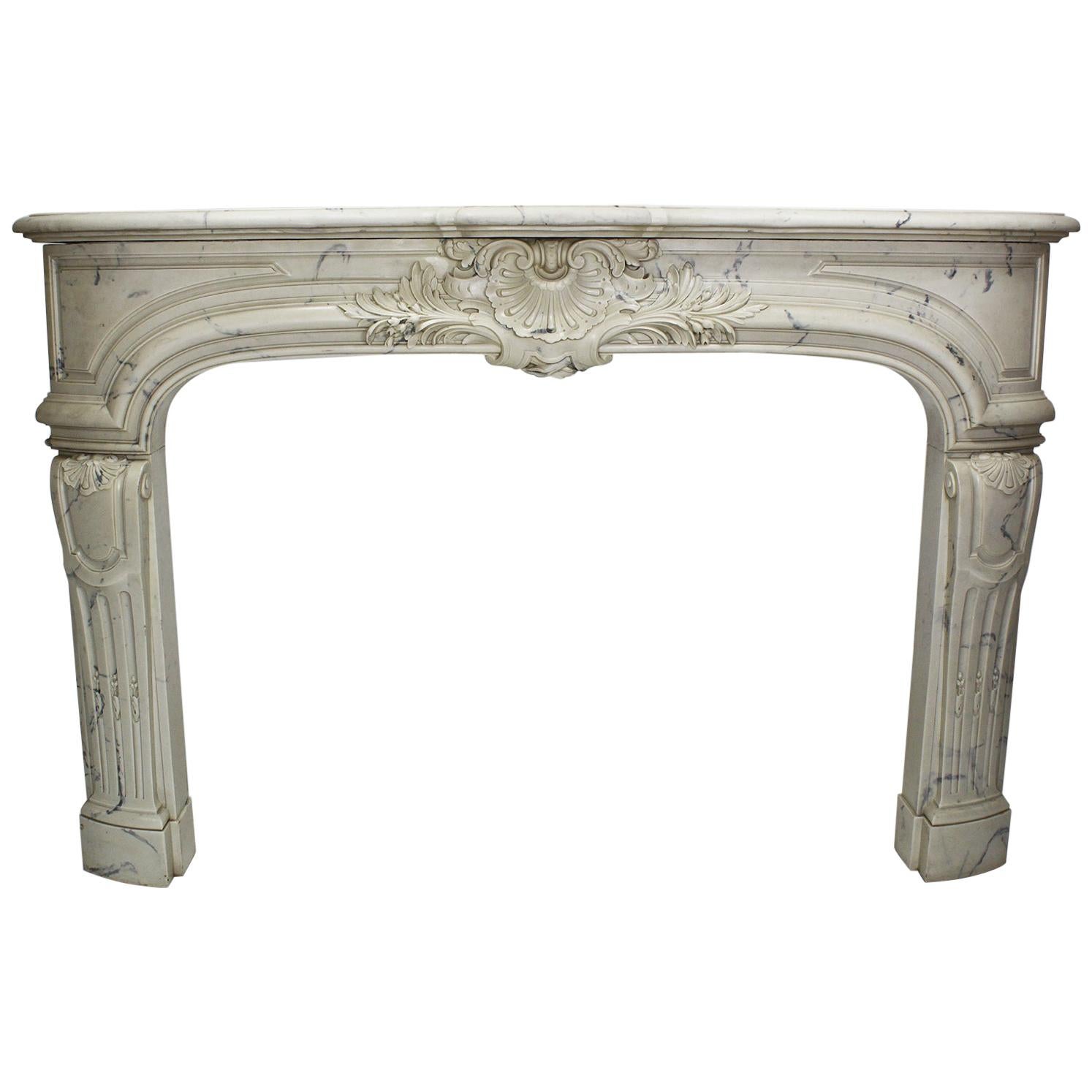 Louis XIV Style White and Veined White Cultured Cast-Marble Fireplace Mantel
