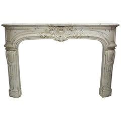 Antique Louis XIV Style White and Veined White Cultured Cast-Marble Fireplace Mantel