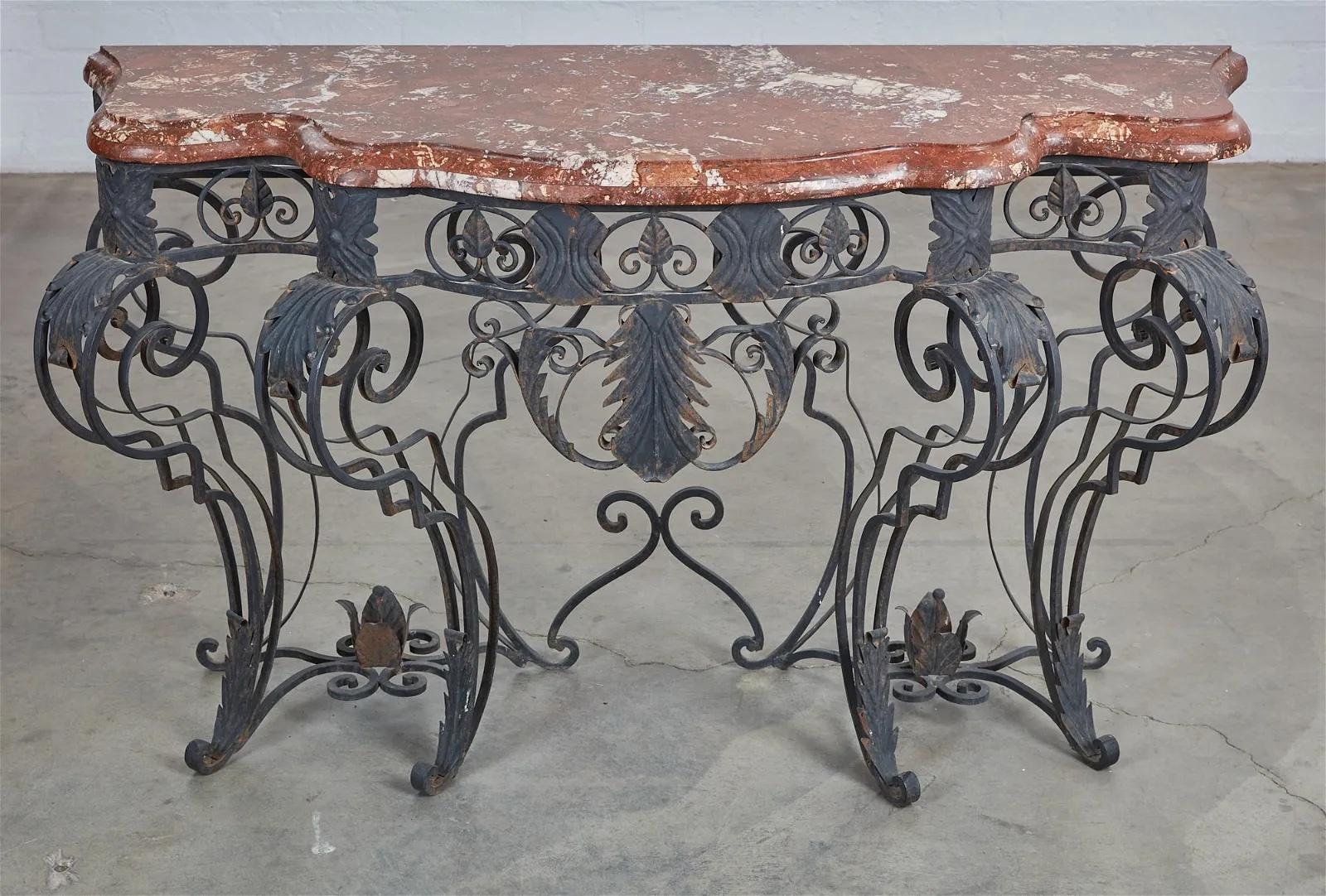 French Louis XIV Style Wrought Iron Console Table W/ Rouge Marble Top Late 19th Century For Sale
