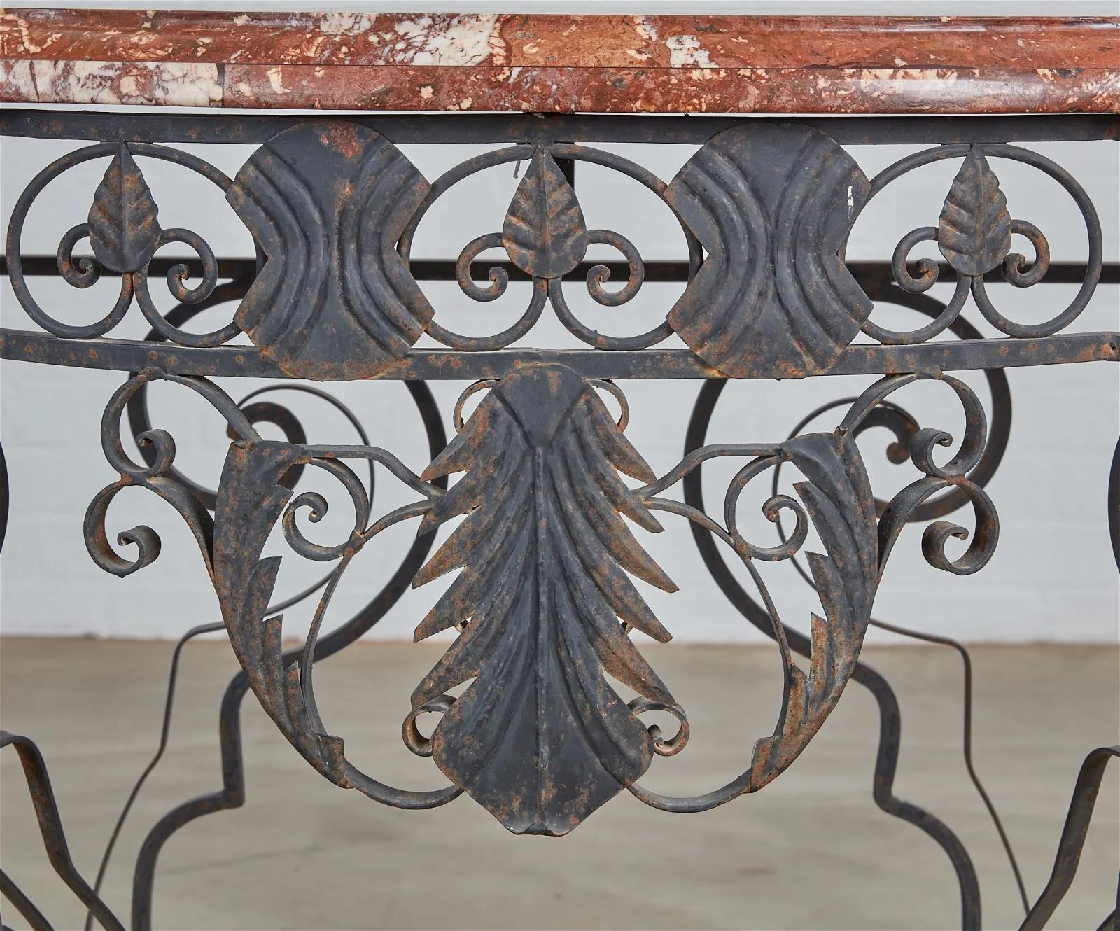 Hand-Crafted Louis XIV Style Wrought Iron Console Table W/ Rouge Marble Top Late 19th Century For Sale