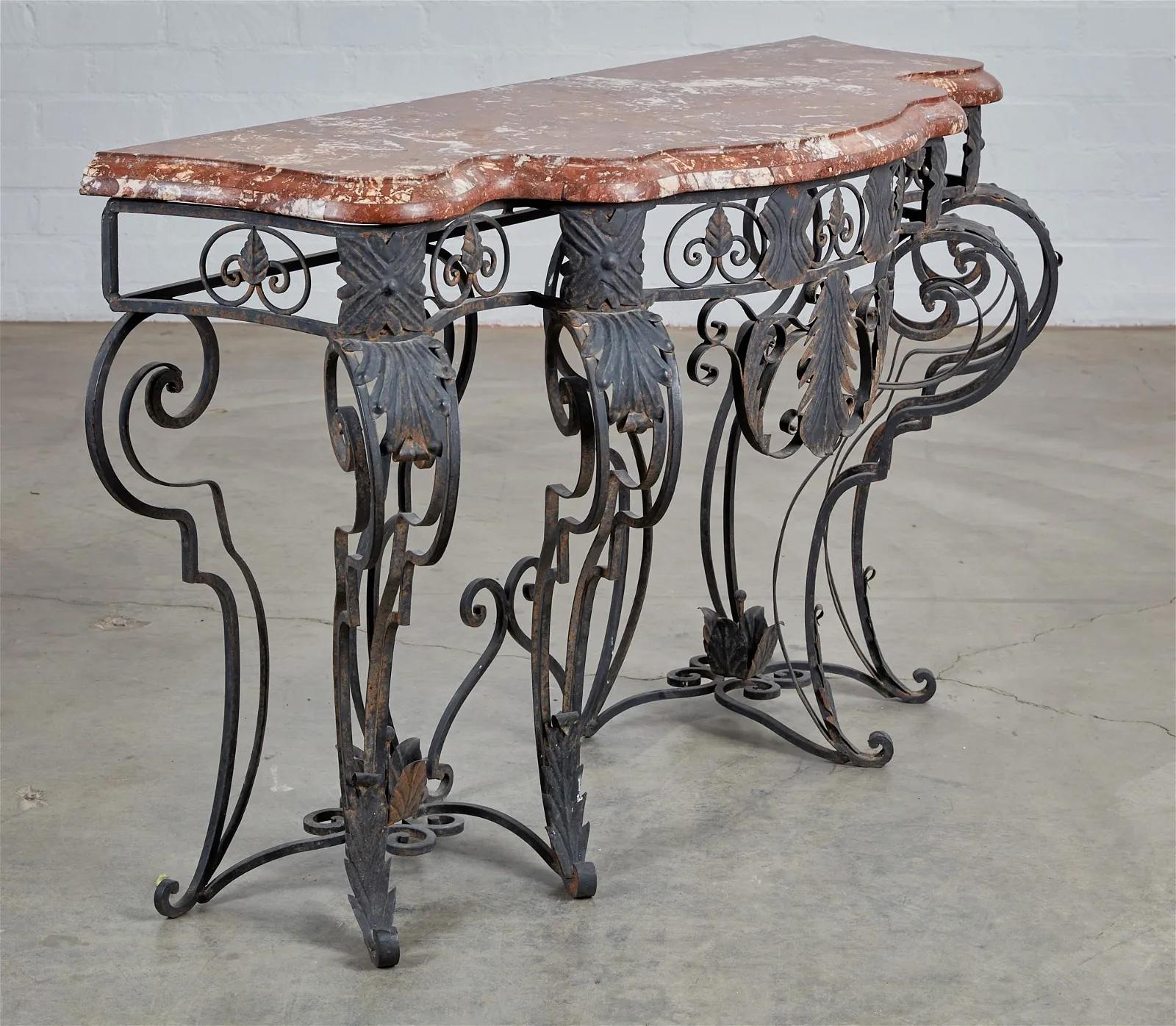 Louis XIV Style Wrought Iron Console Table W/ Rouge Marble Top Late 19th Century For Sale 1