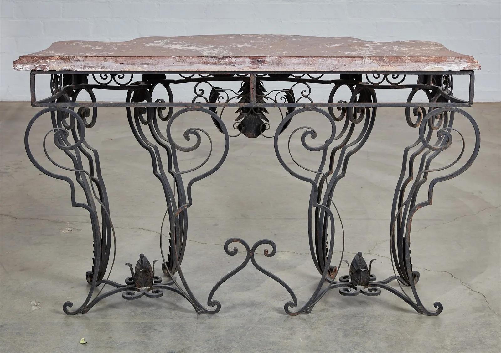 Louis XIV Style Wrought Iron Console Table W/ Rouge Marble Top Late 19th Century For Sale 2