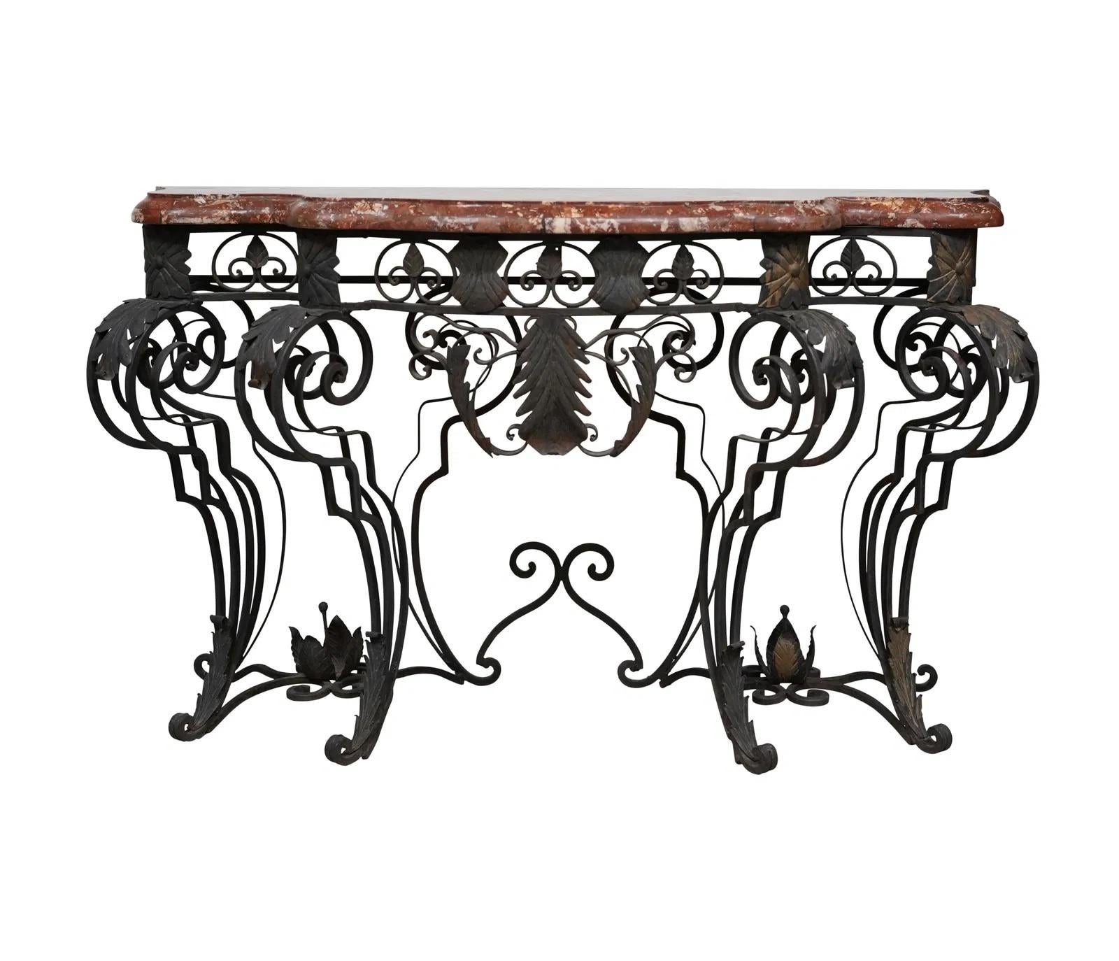 Tavolo consolle in ferro battuto in stile Luigi XIV con piano in marmo rosso Fine Ottocento in vendita 3